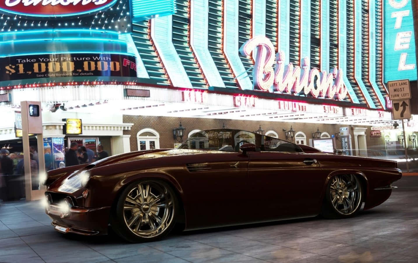 Ford Thunderbird 桌布 壁紙 — 一輛栗色經典敞篷車配金色輪圈，在拉斯維加斯Binion's賭場前的霓虹燈下閃閃發光。