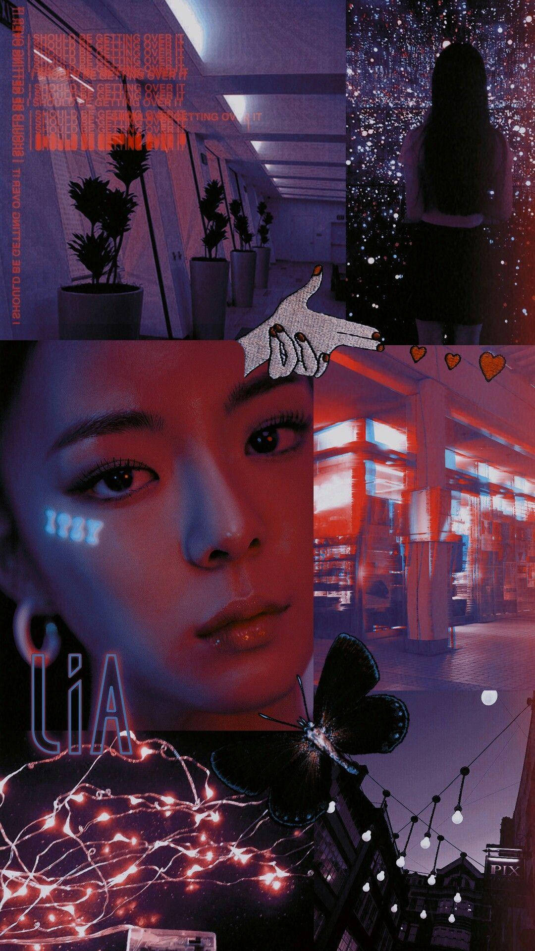 Lia ITZY 璀璨光效藝術壁紙 壁紙 — 一個充滿活力的拼貼畫，描繪了在霓虹燈下發光的女性面孔、靠近燈串的蝴蝶，以及一個在閃爍房間裡的人物。