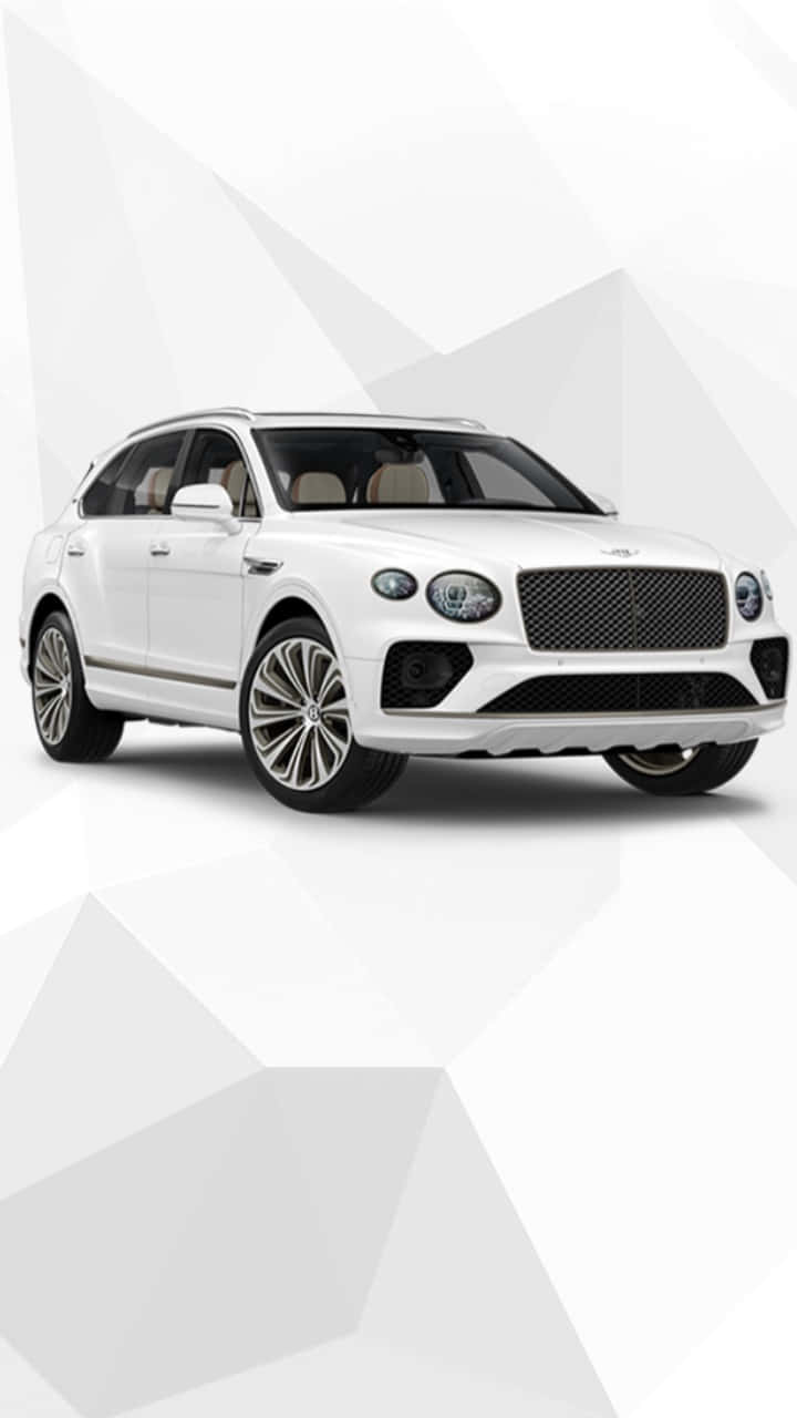 Bentley Bentayga 桌布 壁紙 — 一輛純白色的賓利Bentayga SUV在現代幾何灰色和白色背景前展示。