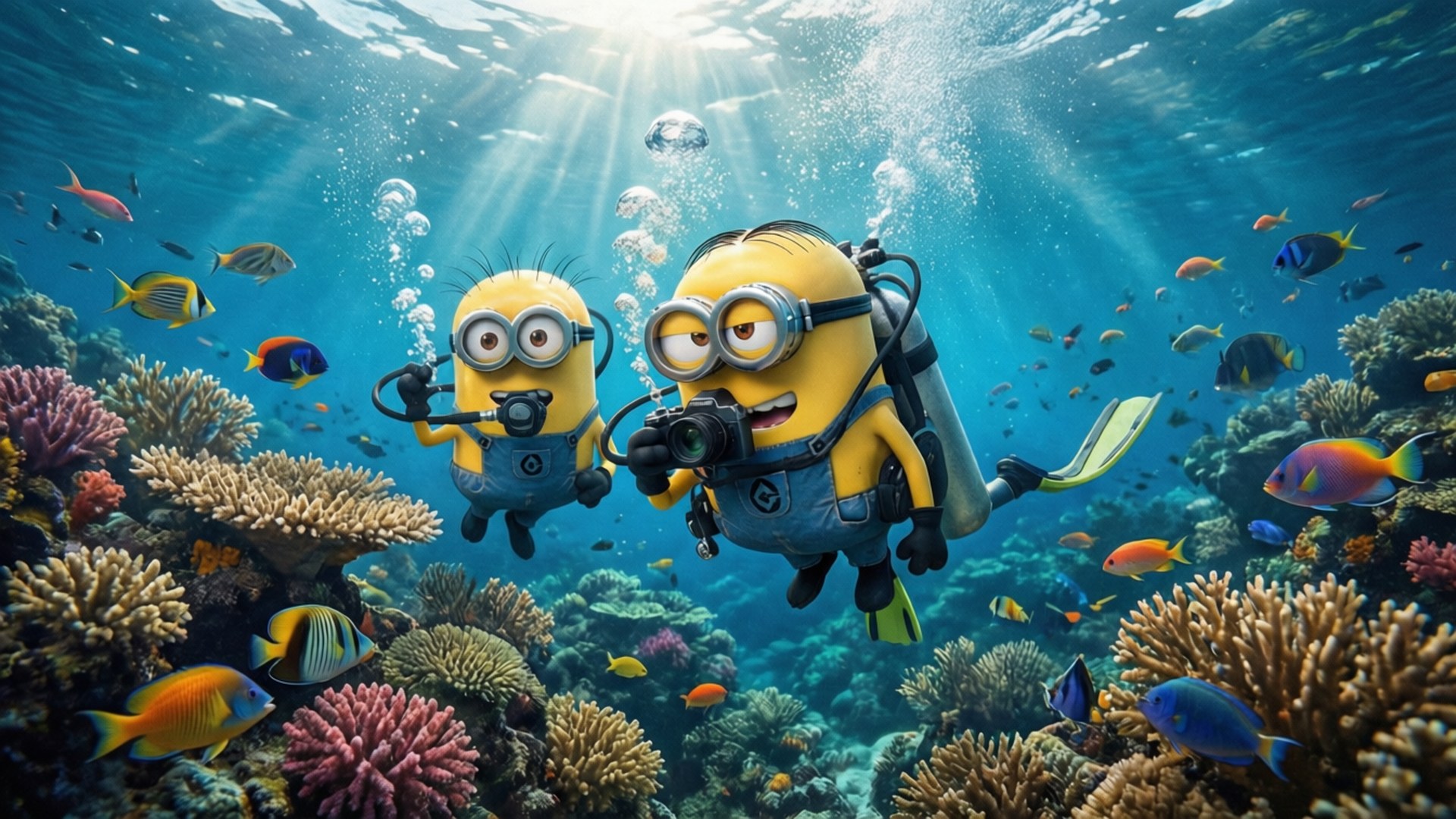 Minion Ocean Dive 壁紙 — 兩個穿著潛水裝備的迷你兵團在探索一個充滿色彩繽紛魚類和穿透藍色海水的陽光光束的 vibrant 珊瑚礁。