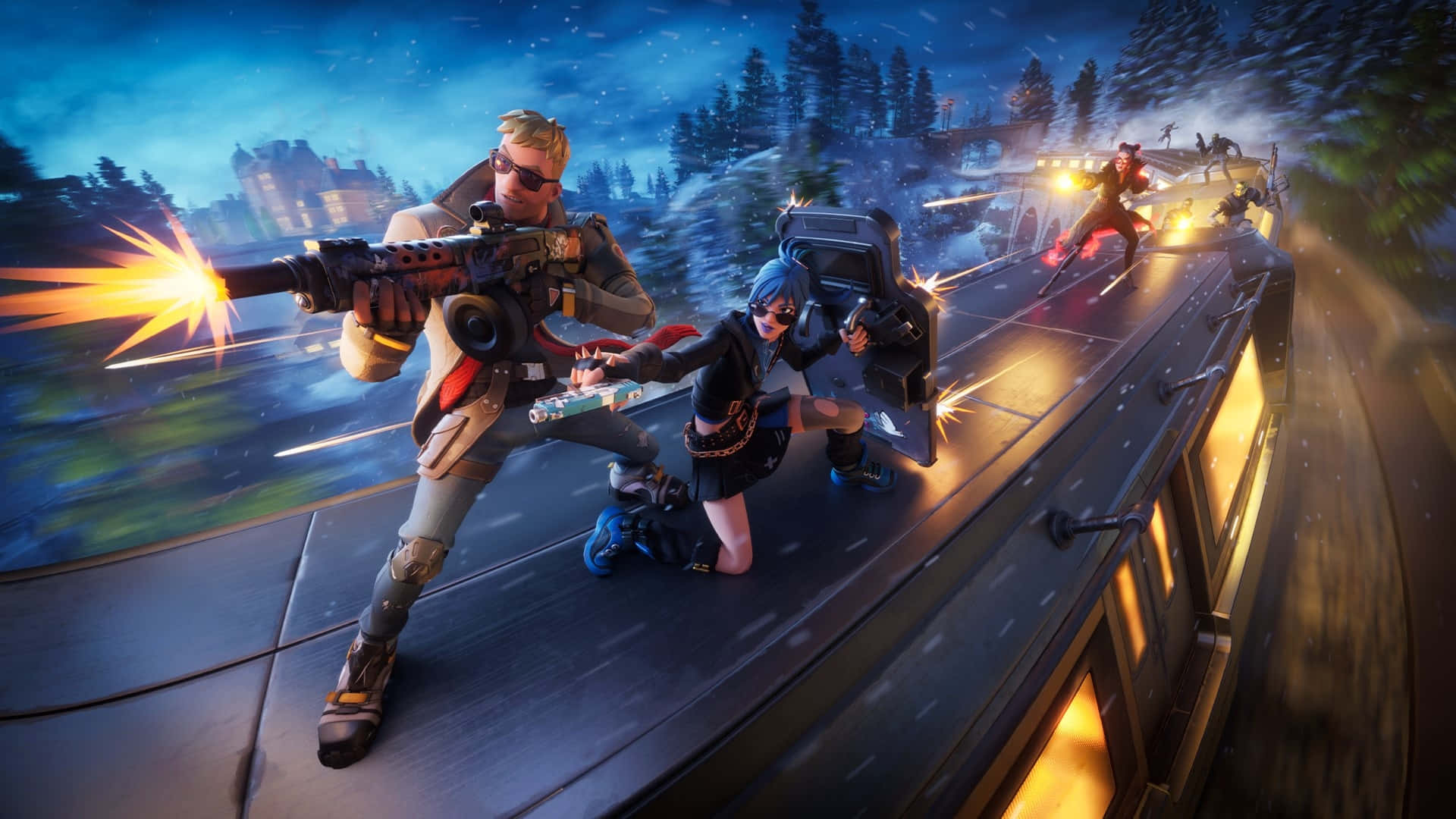  壁紙 — 兩個Fortnite角色在夜間高速行駛的火車上戰鬥，槍火和火花四濺，背景是白雪覆蓋的森林。