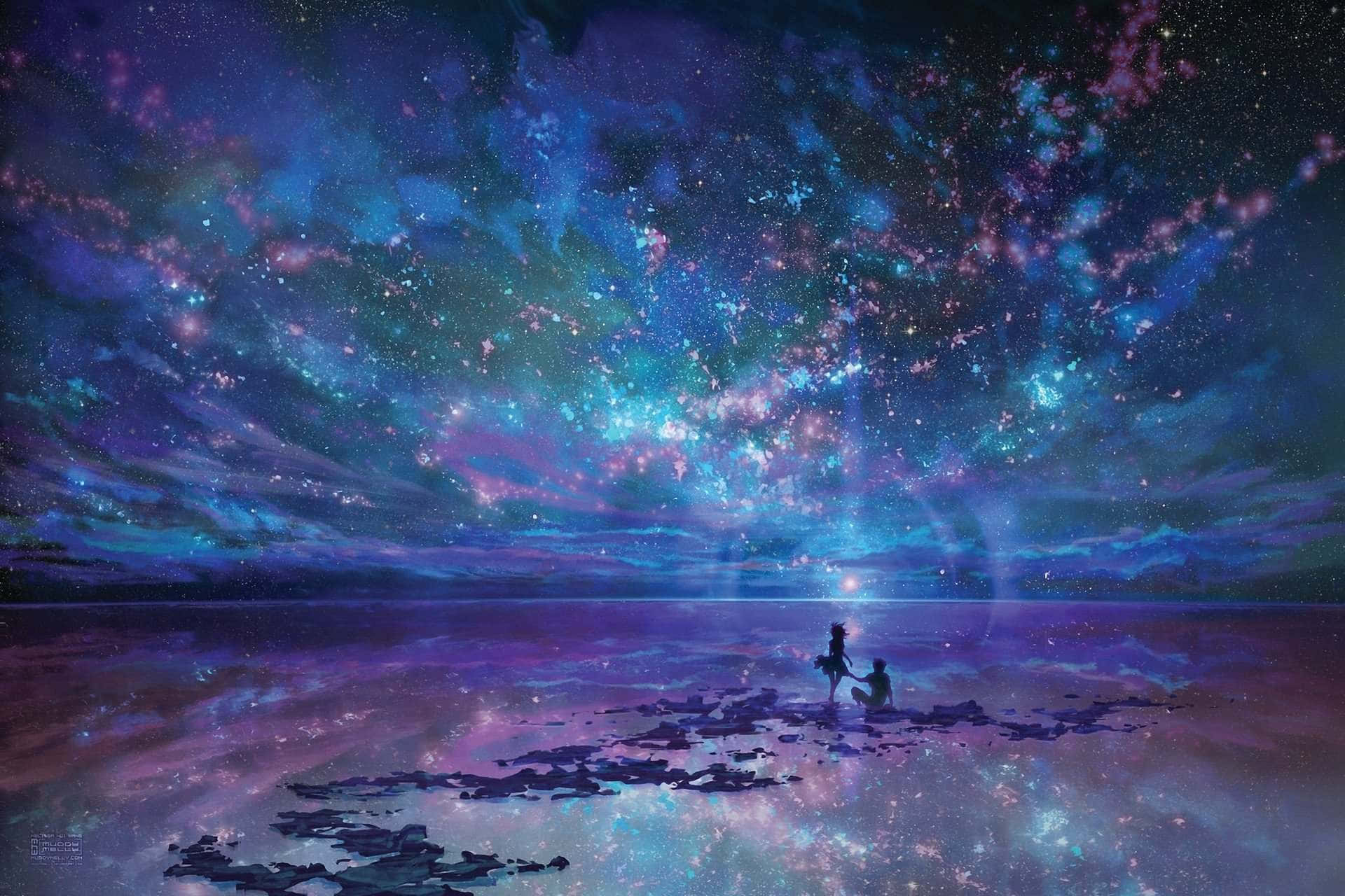  壁紙 — 兩個剪影人物坐在宇宙海岸上，下方是藍色、紫色和粉紅色漩渦狀星系，倒映在星光閃爍的水面上。
