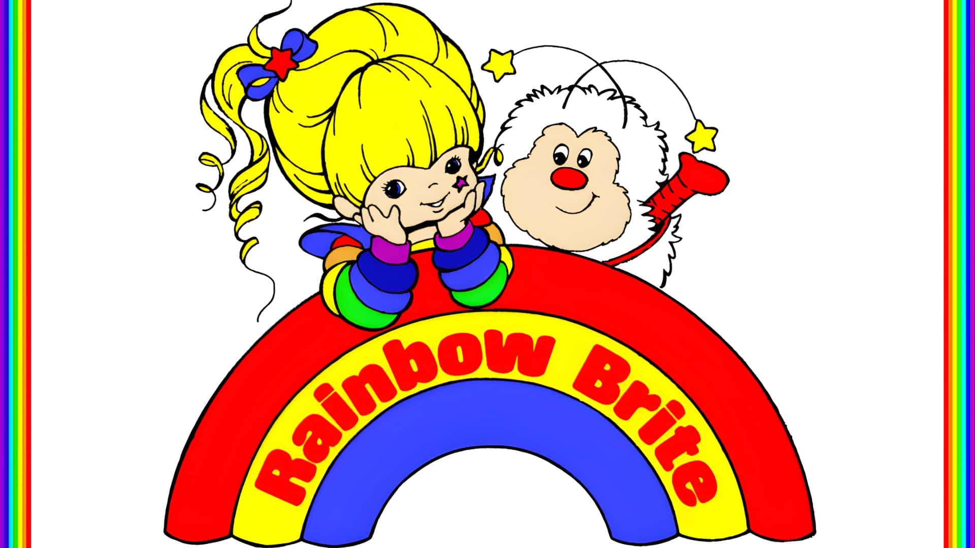  壁紙 — 兩個卡通人物坐在紅藍彩虹上，下方有拱形的「Rainbow Brite」文字。