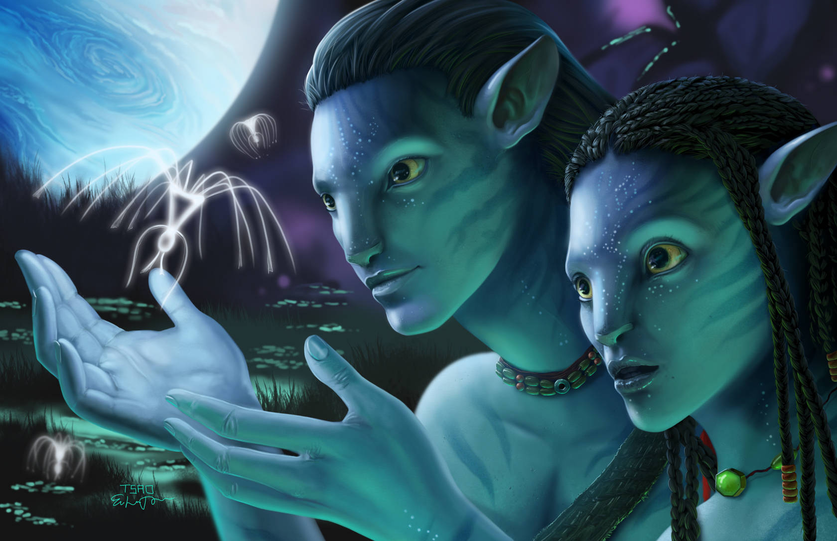 兩個納美人在月光下的外星森林中與發光靈魂互動。