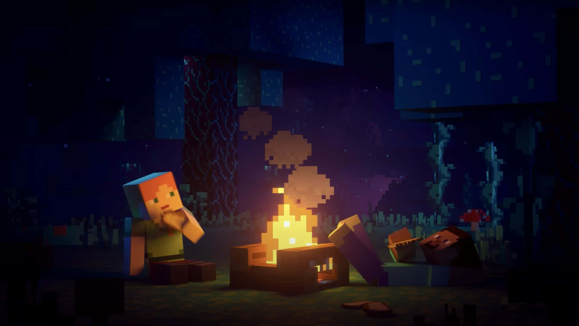  壁紙 — 兩個像素化的Minecraft角色坐在發光的營火旁，在星空下的方塊森林中。