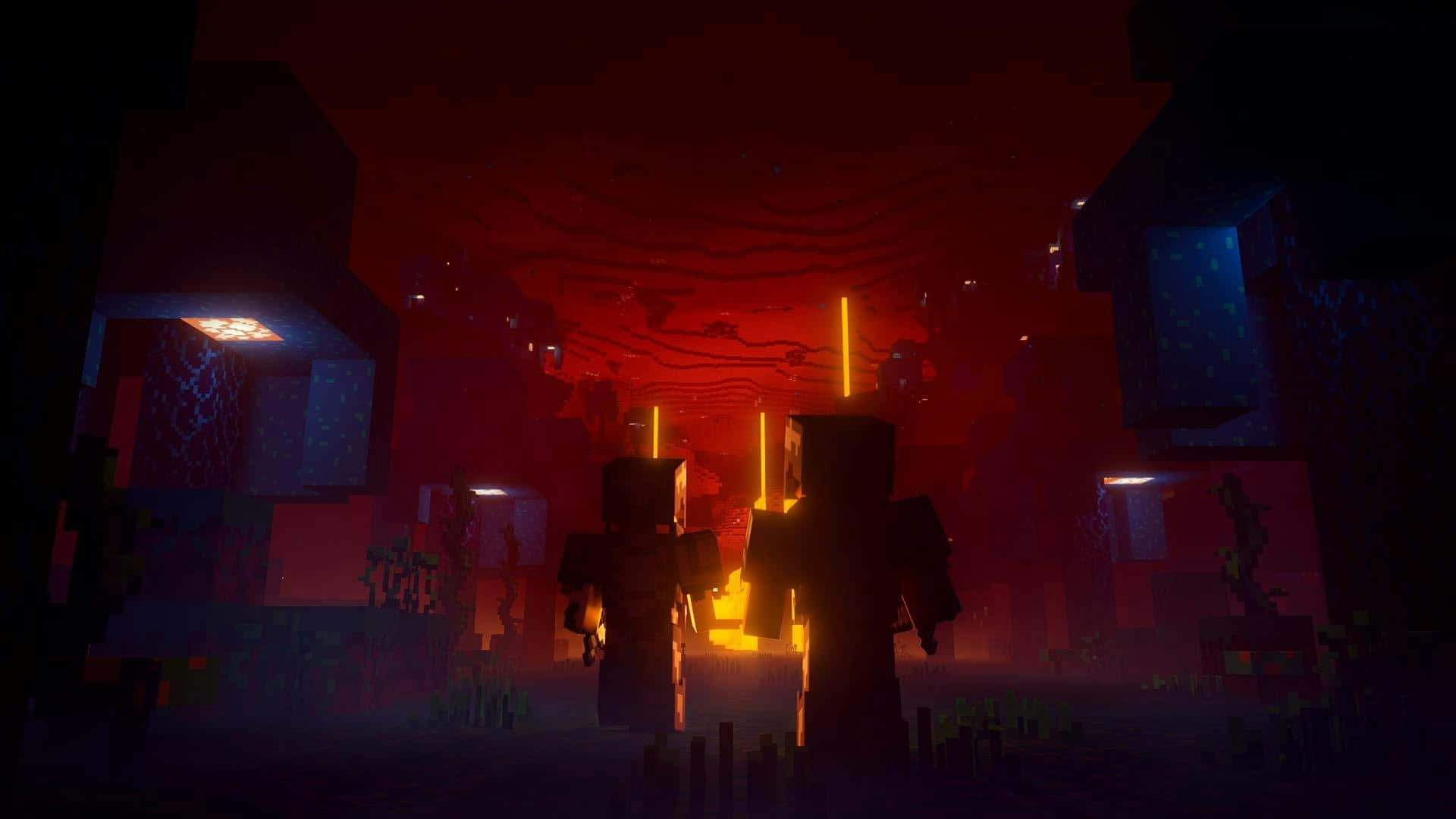  壁紙 — 兩個像素化的人物站在光線昏暗的 Minecraft 地獄中，周圍有發光的橙色火炬和紅色熔岩天空。