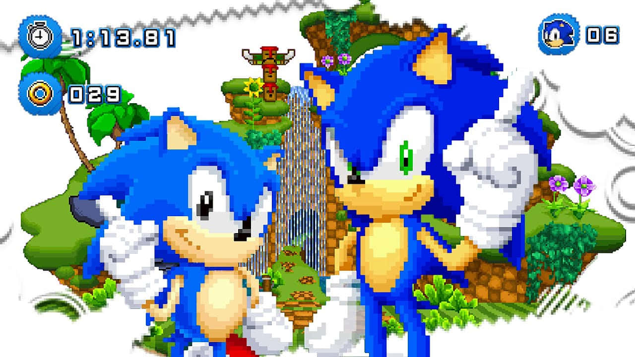  壁紙 — 兩個像素化的Sonic角色在充滿活力的叢林關卡中慶祝勝利，場景包含瀑布和遊戲HUD元素。