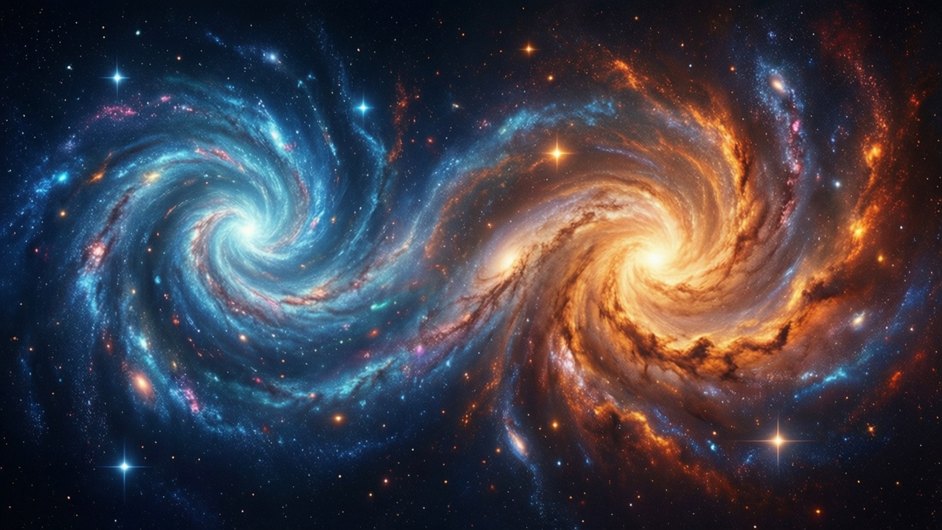 兩個旋轉的星系在深空中散發著藍色和橙色的光芒。