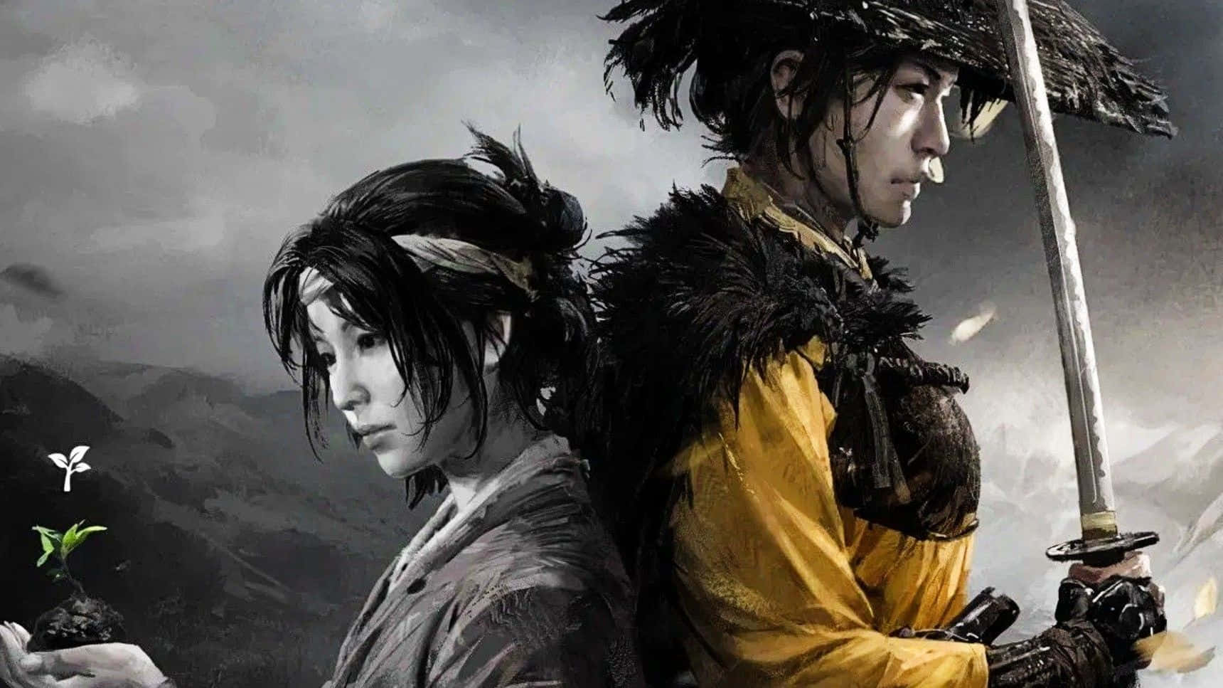  壁紙 — 兩個戰士背靠背站在霧氣瀰漫的山景中，一個手持劍，另一個懷抱著一株發芽的植物。