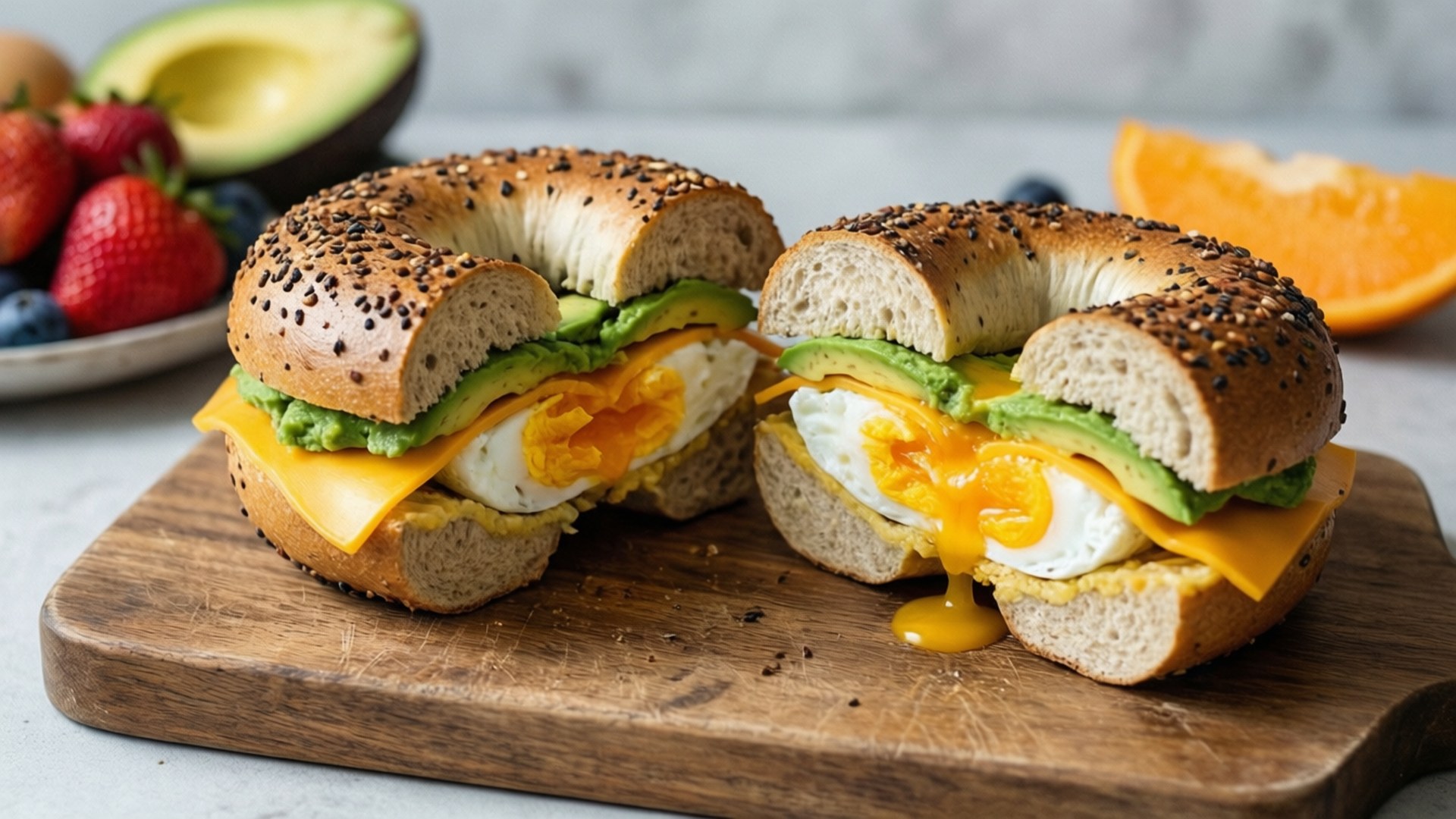 Avocado Egg Bagel 壁紙 — 兩個芝麻貝果半切開，露出流心蛋黃、融化芝士和牛油果，放在質樸的木板上。