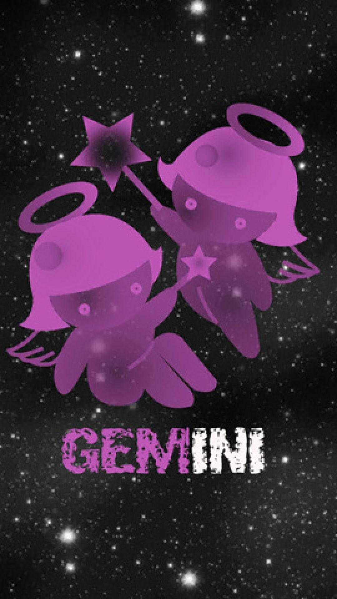 雙子座 桌布 壁紙 — 兩個紫色卡通天使帶着光環，在閃爍的星空下捧着星星，下方有GEMINI字樣。