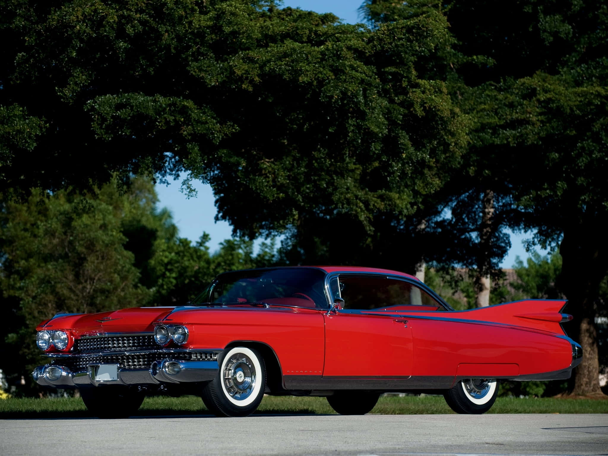 Cadillac Eldorado 桌布 壁紙 — 一輛光澤的紅色1959年凱迪拉克，帶有尾鰭，停在陽光普照的日子裡，在茂密綠樹下的路面上。