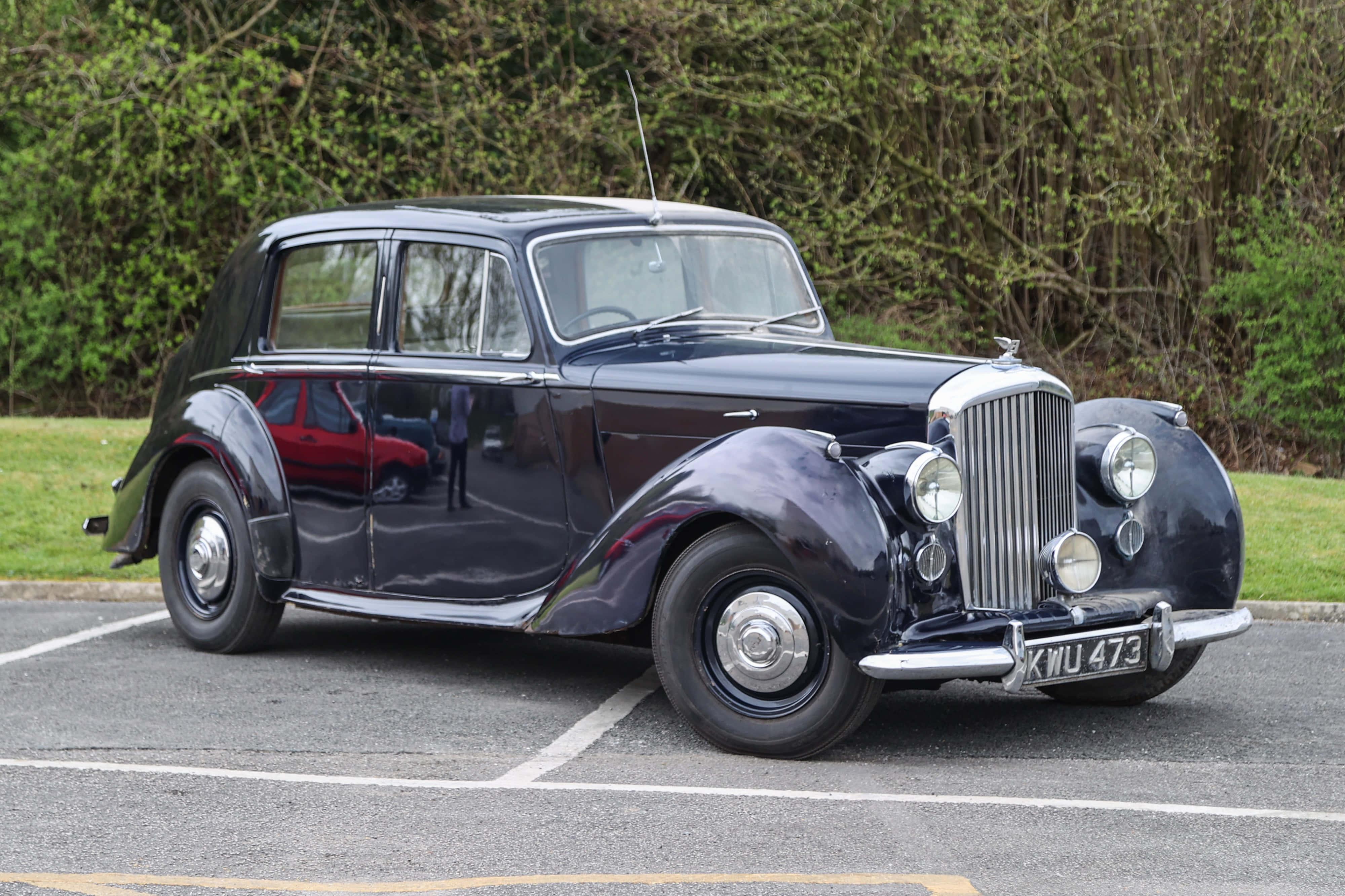 Bentley Mark Vi 桌布 壁紙 — 一架亮黑色復古賓利房車停泊在停車場，後面有綠色灌木叢。