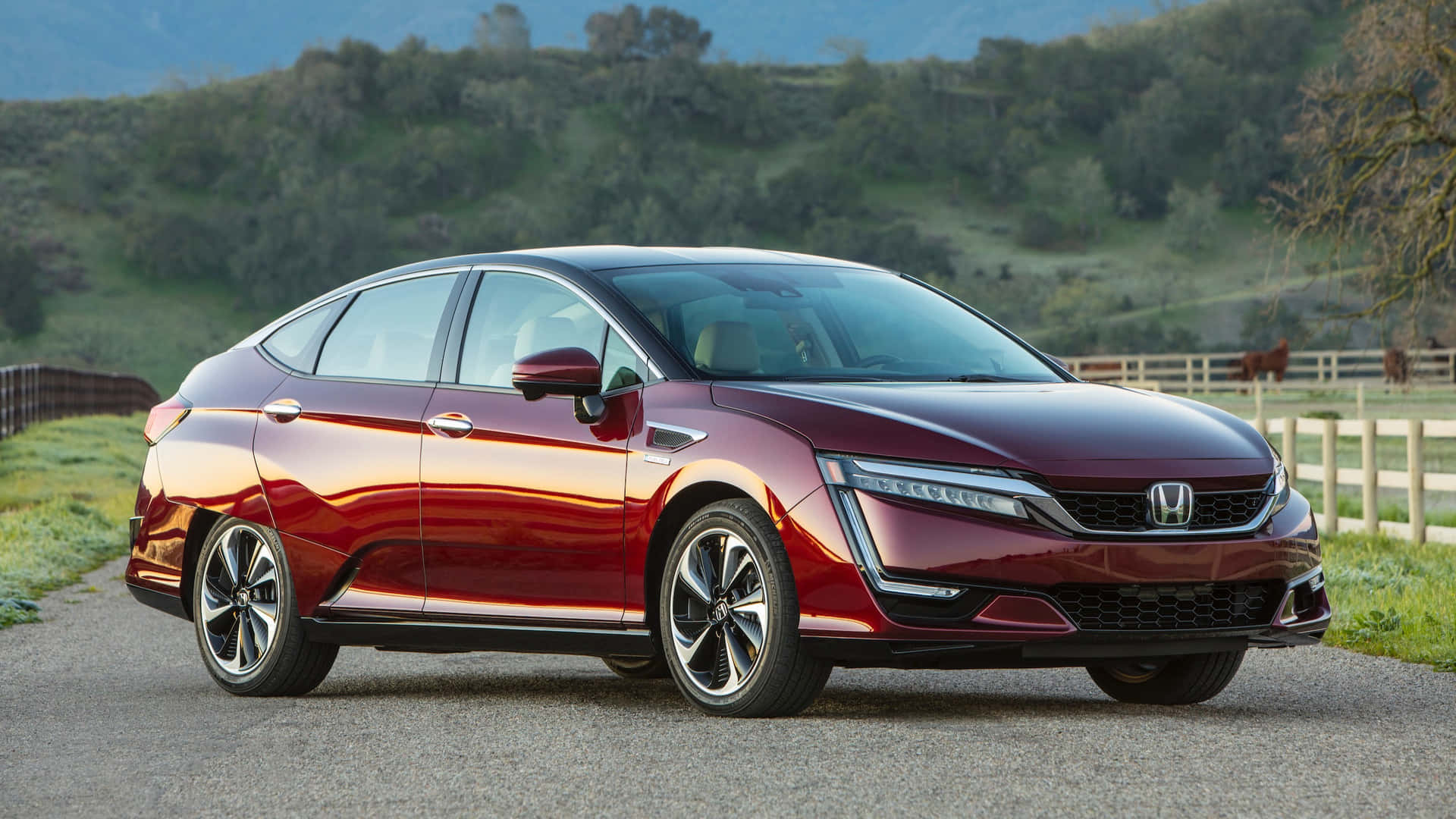 Honda Clarity 桌布 壁紙 — 一輛亮紅色本田Clarity插電式混合動力轎車停泊在碎石路上，背景是起伏的綠色山丘和吃草的馬匹。