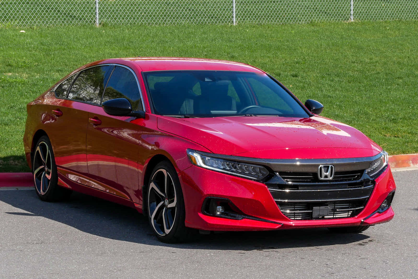 Honda Accord 桌布 壁紙 — 一輛亮紅色本田房車停在瀝青路上，背後有草地和鐵絲網圍欄，在明亮的陽光下。
