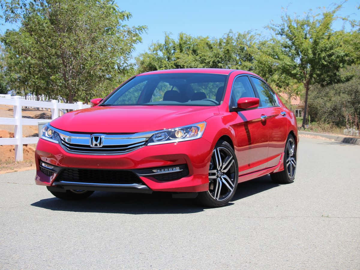 Honda Accord 桌布 壁紙 — 一輛亮紅色本田雅閣轎車停在鋪砌的道路上，周圍有綠樹和白色柵欄，天空湛藍。