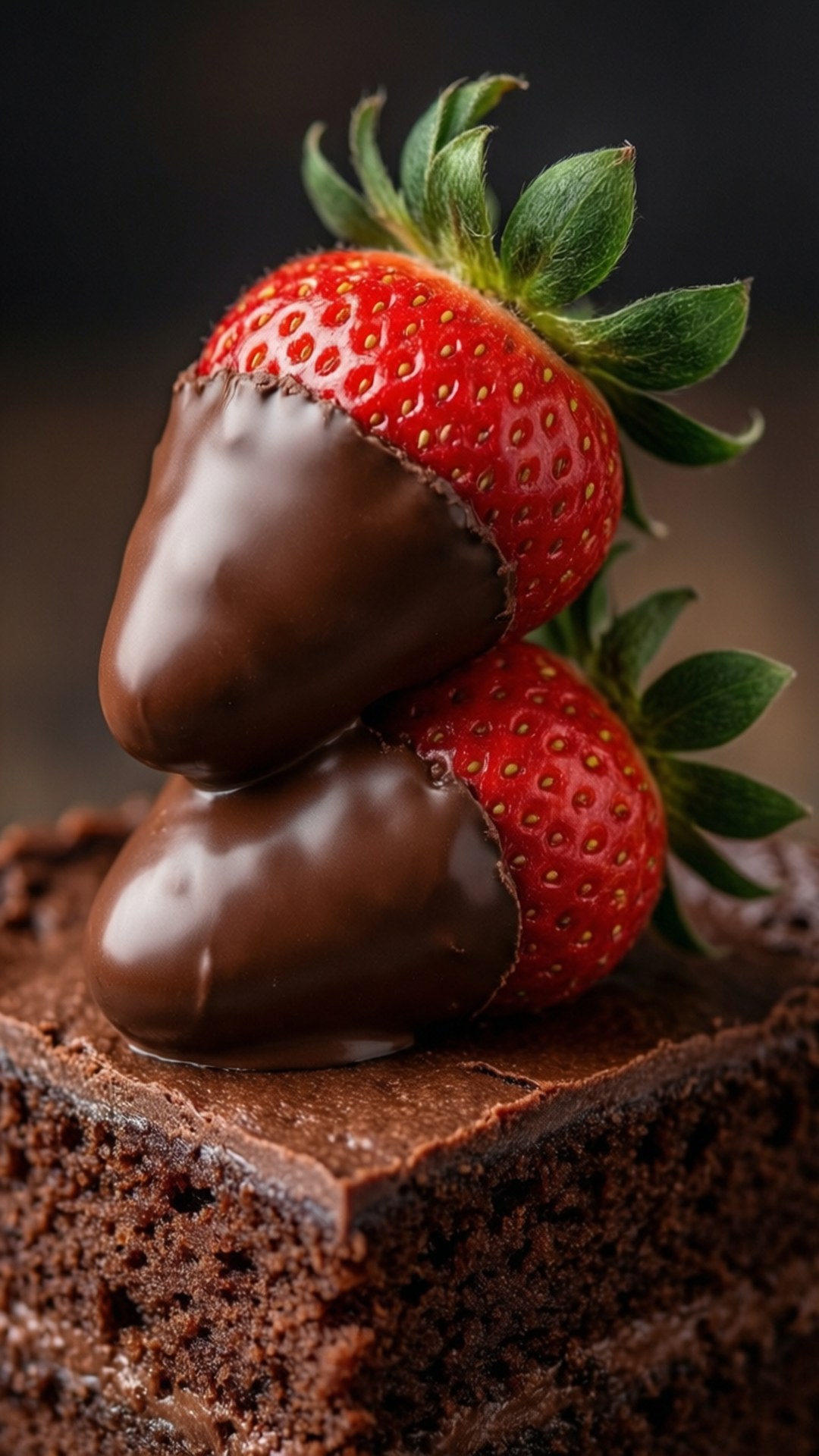 桌布 壁紙 — 兩顆沾了朱古力的草莓放在濃郁濕潤的朱古力蛋糕上，背景為深色模糊。
