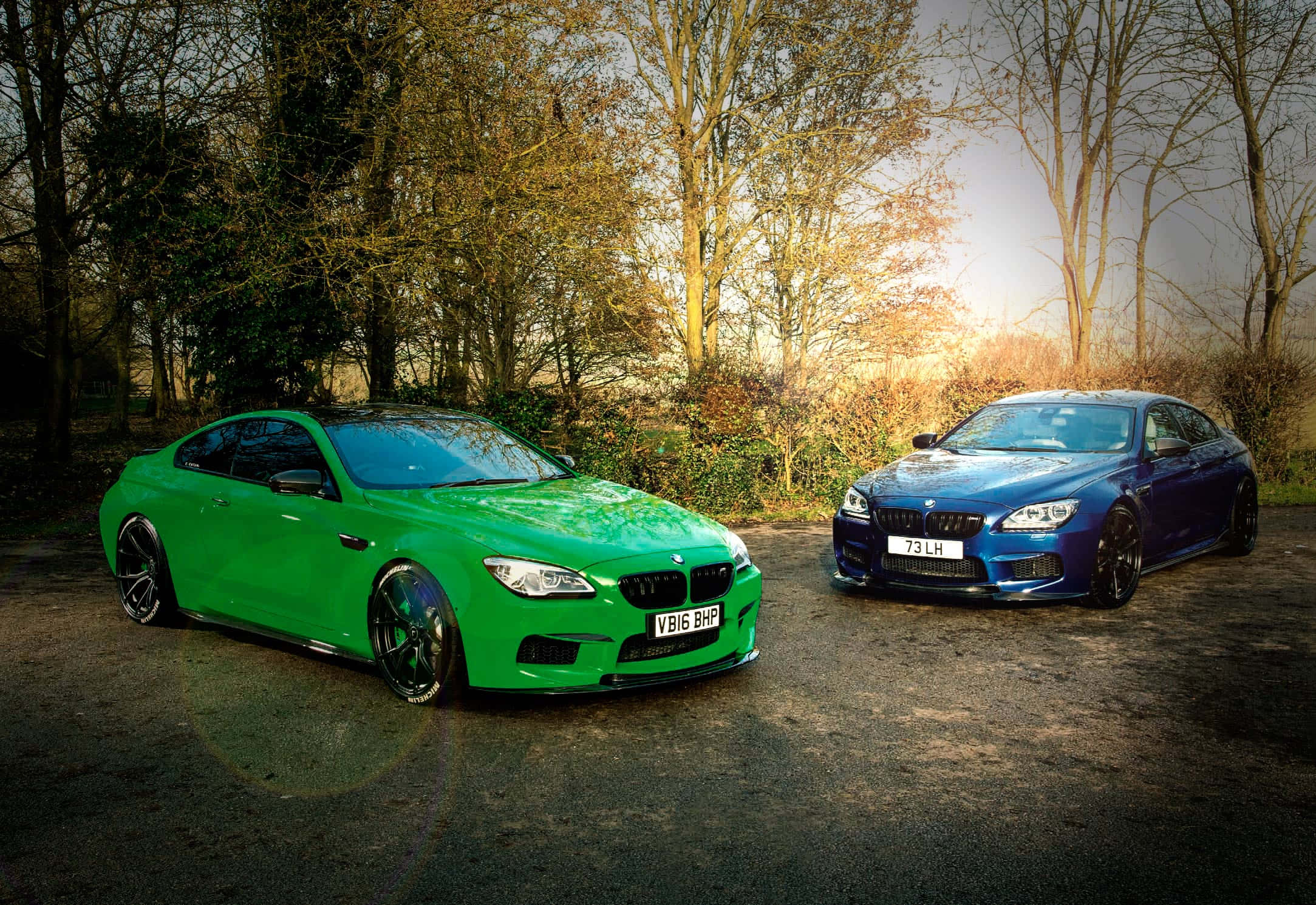 Bmw M6 桌布 壁紙 — 兩輛高性能BMW - 一輛鮮綠色雙門轎跑車和一輛深藍色轎車 - 停泊在碎石路上，周圍是光禿禿的樹木，正值黃金時刻。