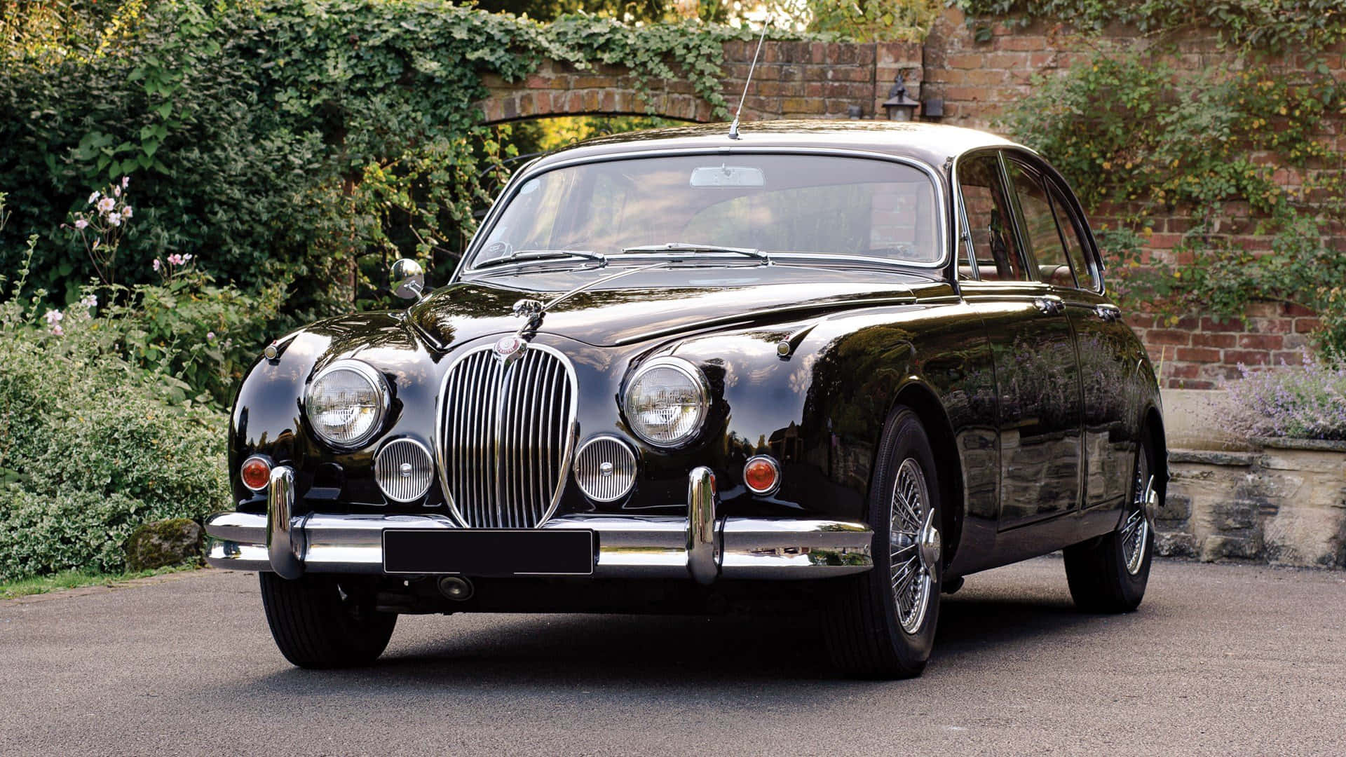 Jaguar Mark 2 桌布 壁紙 — 一輛亮黑色復古積架房車停泊在碎石車道上，旁邊是爬滿常春藤的磚牆和茂密的綠植。