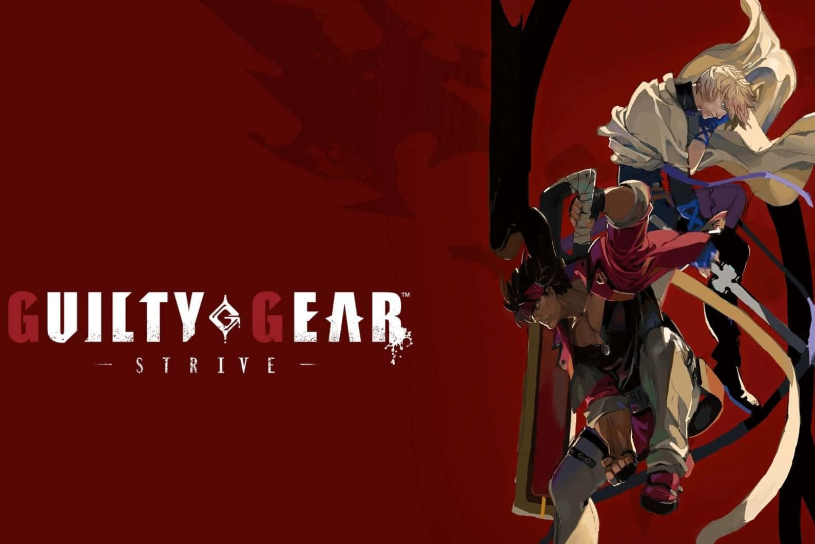  壁紙 — 兩位動漫戰士在深紅色背景上與 Guilty Gear Strive 標誌動態交鋒。
