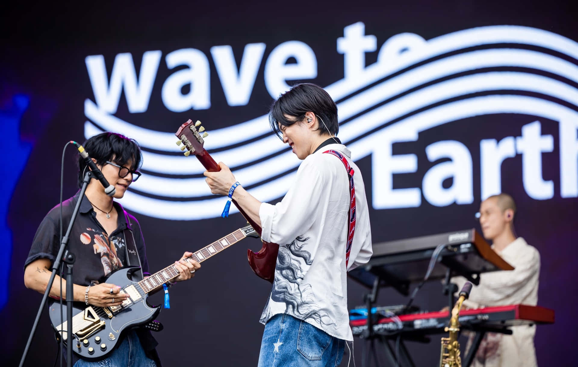  壁紙 — 兩位音樂家在明亮的舞台燈光下，用結他和鍵盤進行現場表演。
