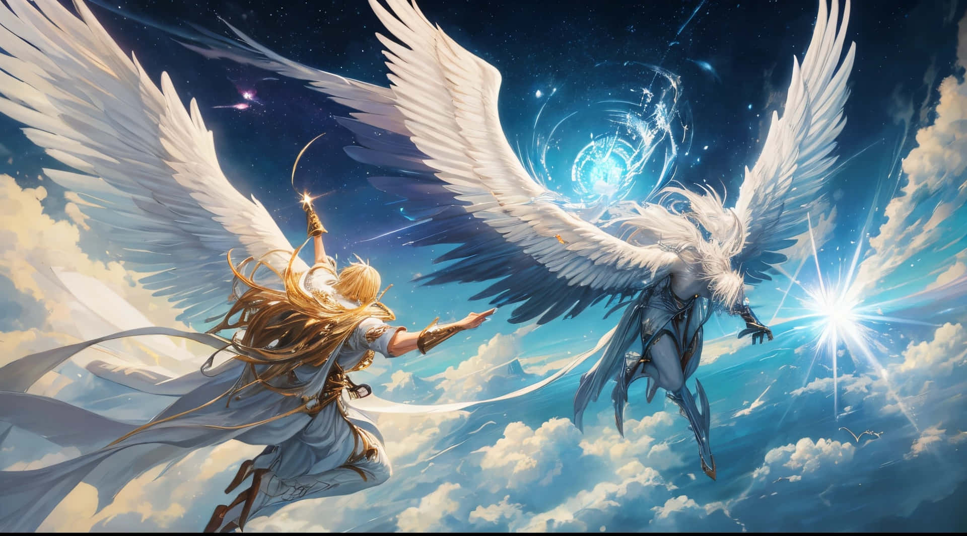  壁紙 — 兩位有翼天使在星空中穿過雲層和光芒四射的光束翱翔。