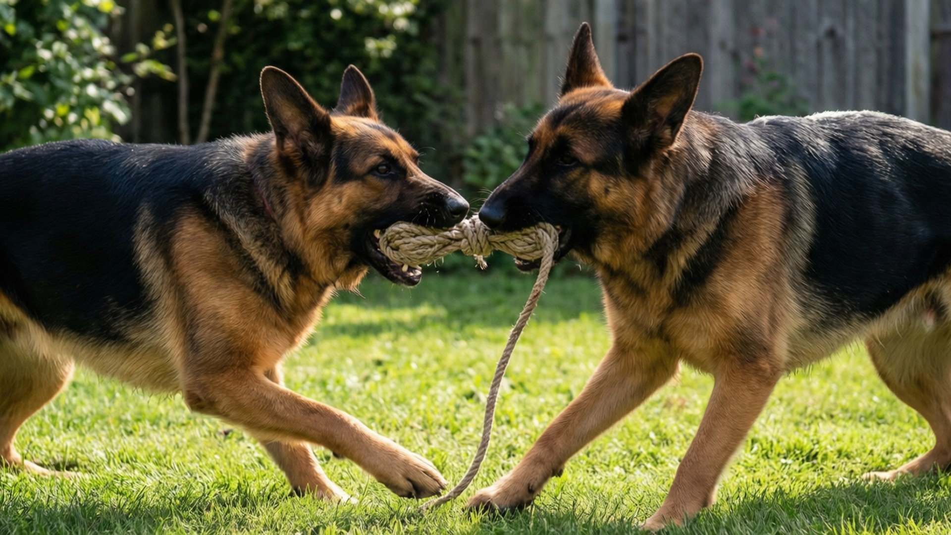 德國牧羊犬 桌布 壁紙 — 兩隻德國牧羊犬在陽光明媚的草地上嬉戲拉扯繩子，身後有木柵欄。