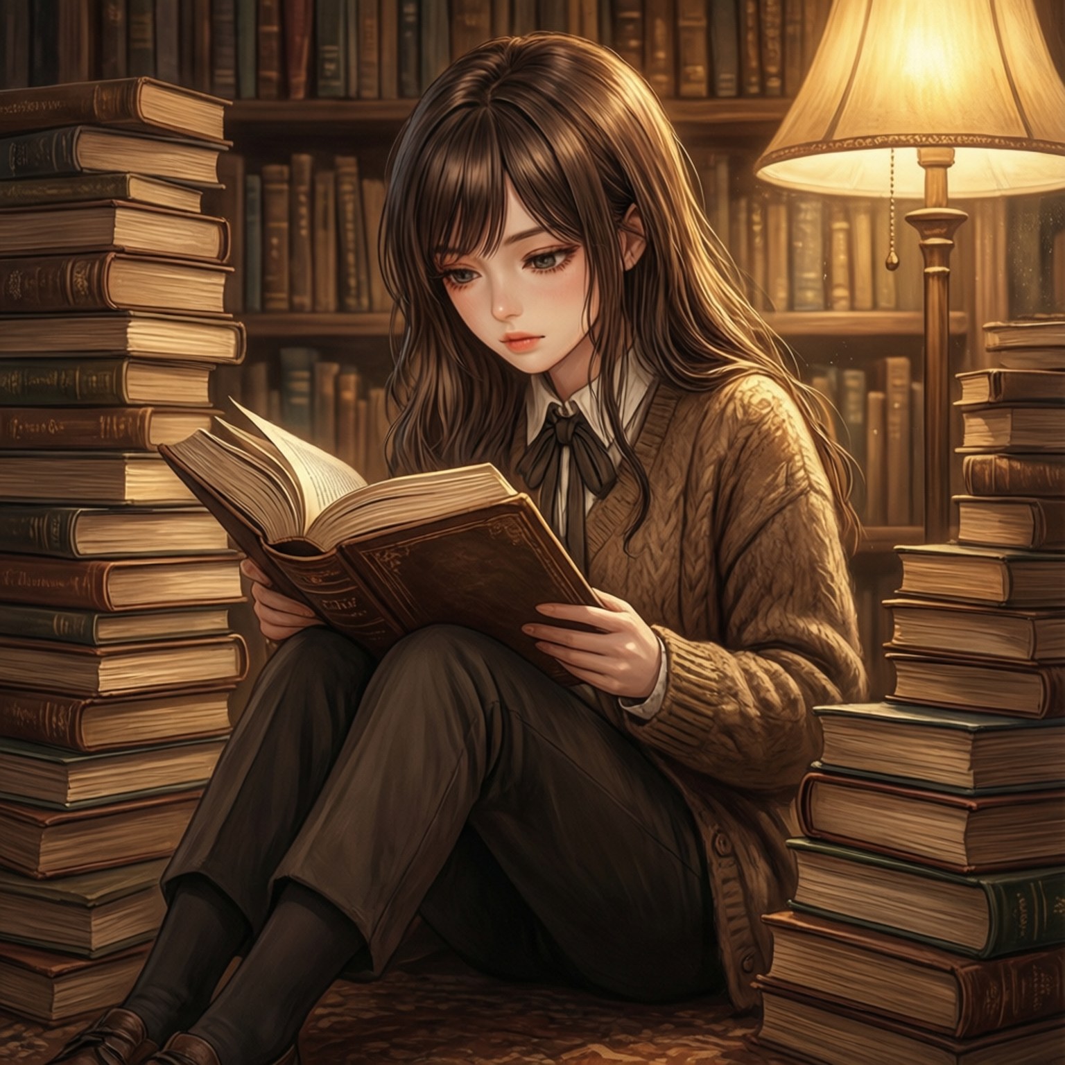 年輕女性在舒適的圖書館中，被書堆包圍，在溫暖的燈光下閱讀一本書。