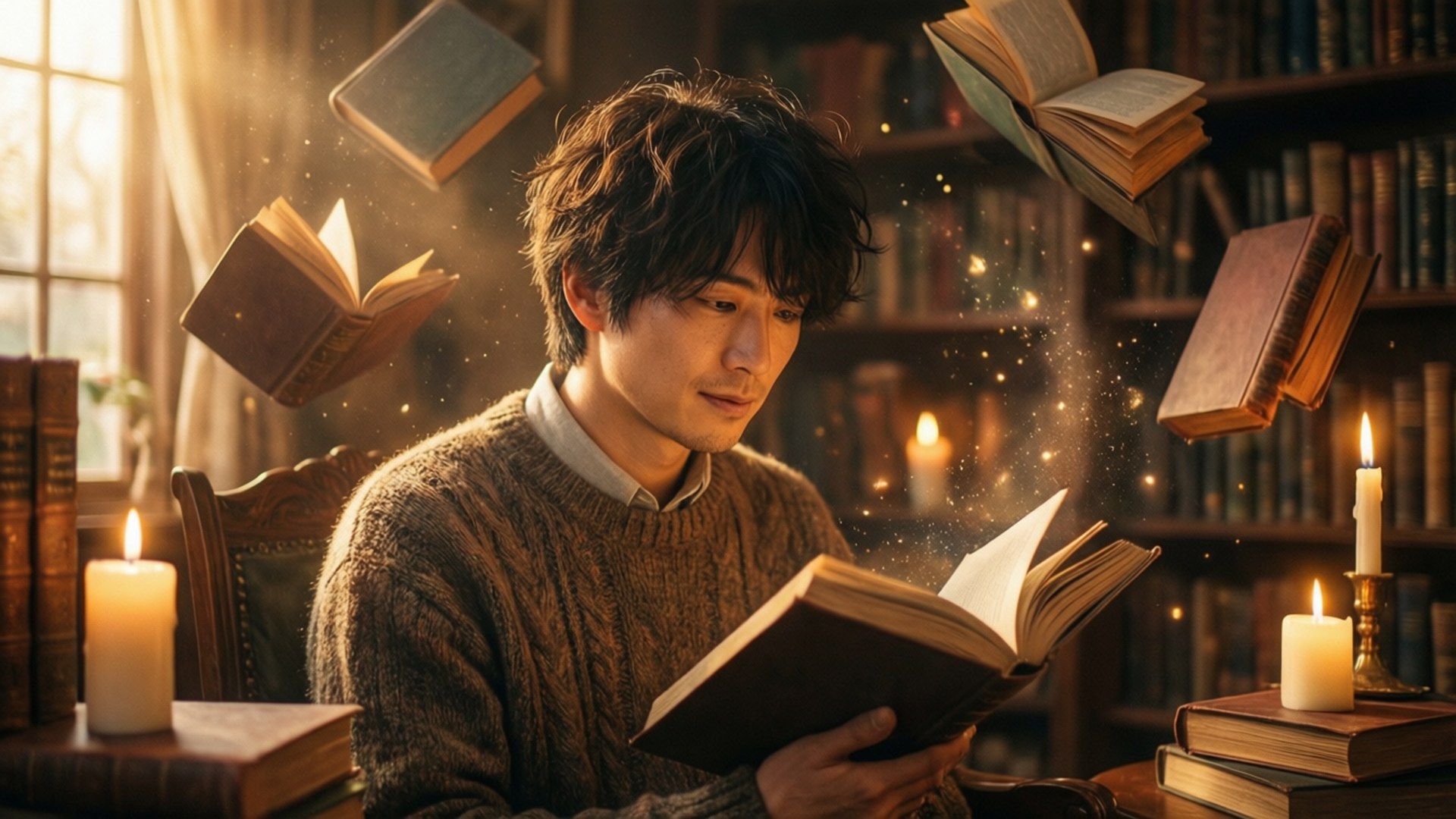 年輕人在燭光照亮的圖書館中閱讀，周圍漂浮著書本。