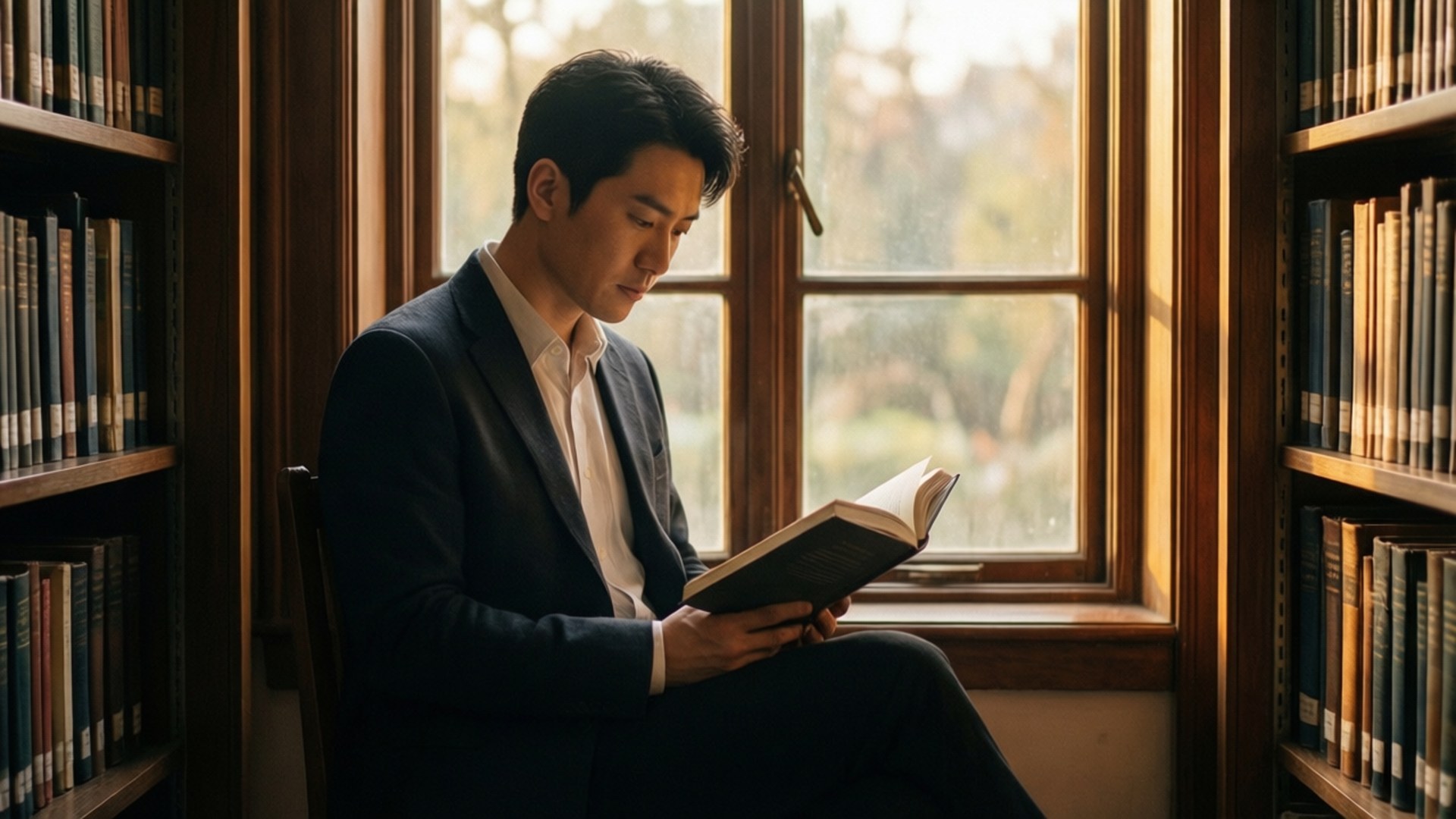 西裝男在窗邊看書，圖書館有書架