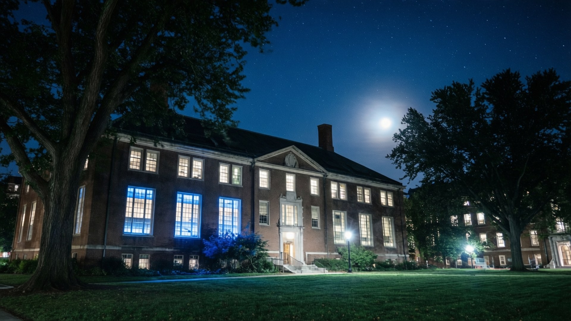 一座磚造大學建築在滿月和星空下夜間照明。