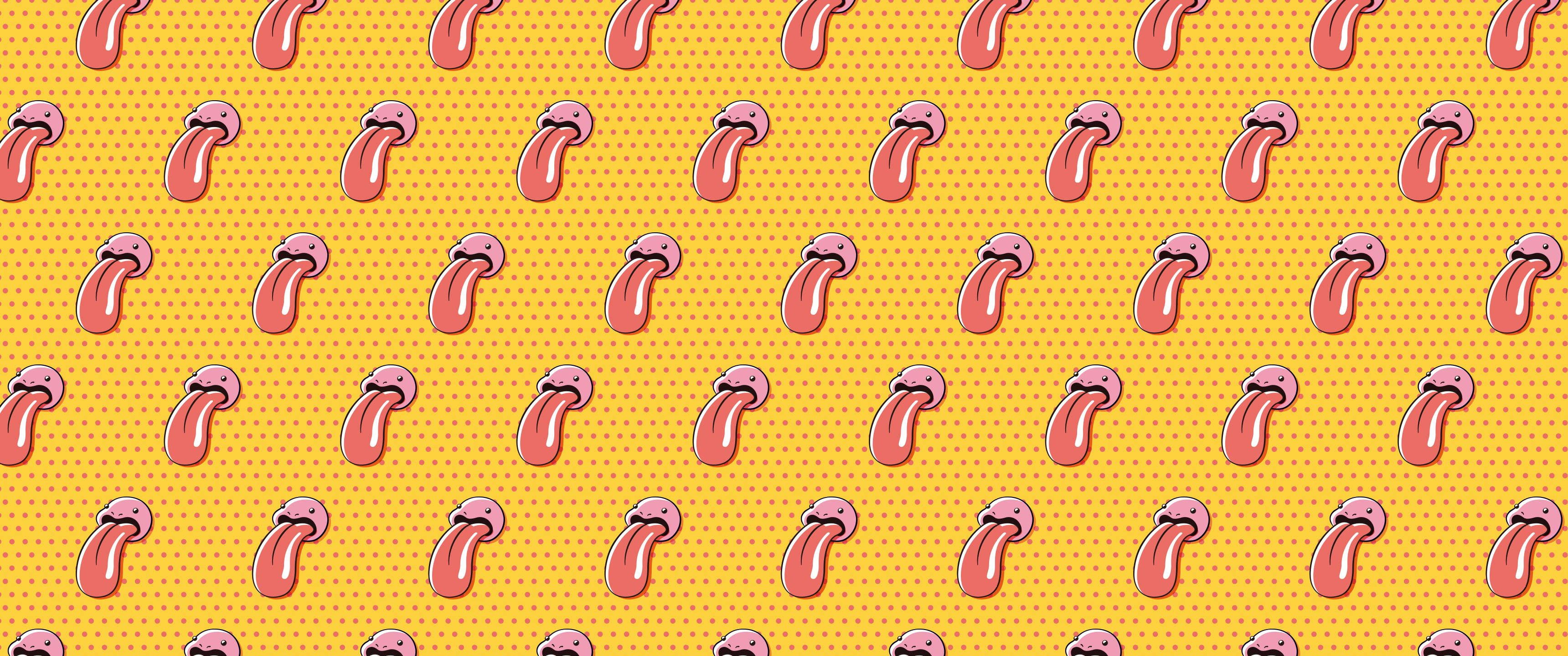 收集可愛的Lickitung寶可夢圖案壁紙 壁紙 — 重複的卡通舌頭在明亮的黃色圓點背景上頑皮地伸出。