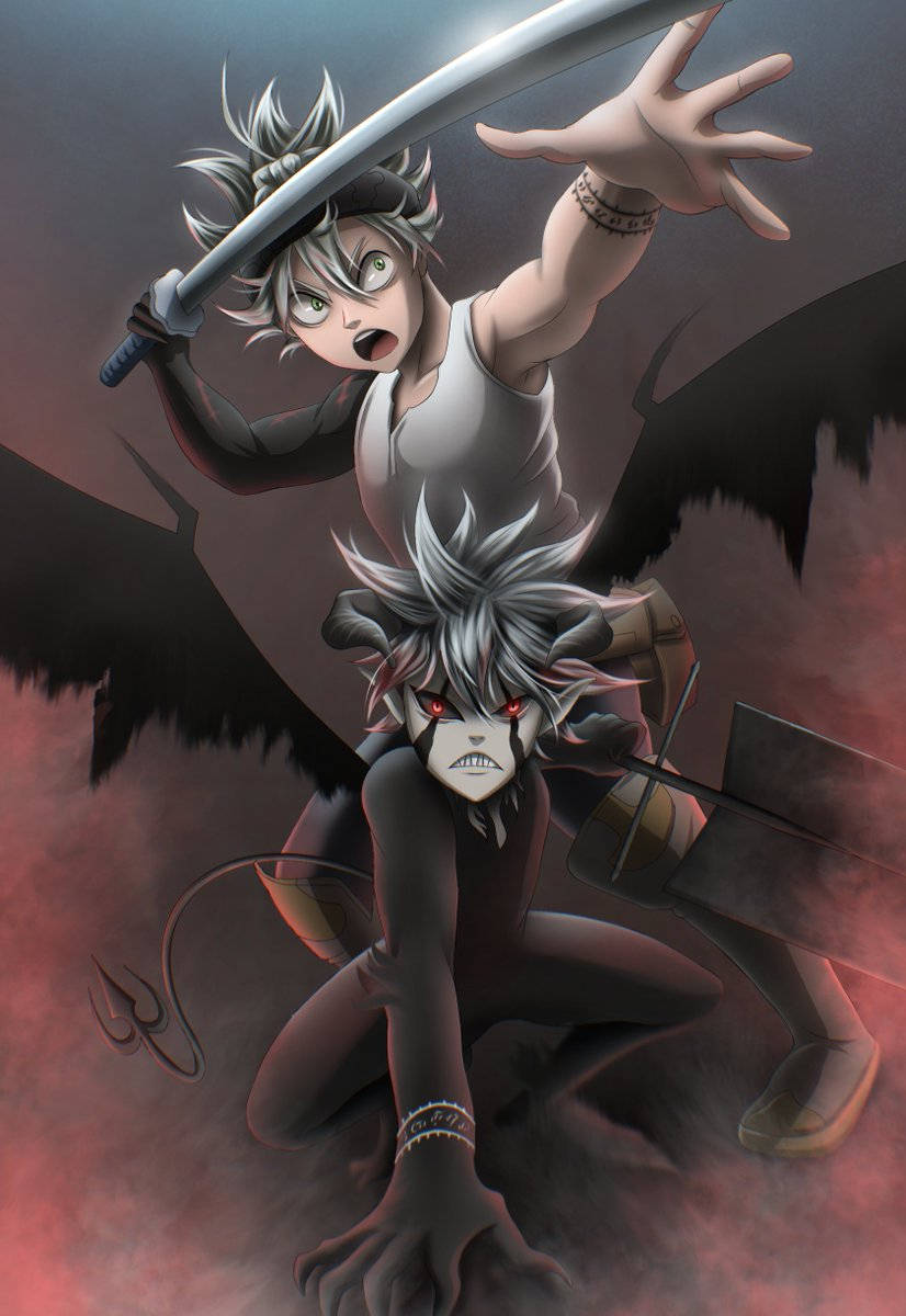 Liebe 全彩卡通插畫 壁紙 — 兩個擁有惡魔翅膀和劍的動漫角色在暗紅色和灰色的暴風雨中交鋒。