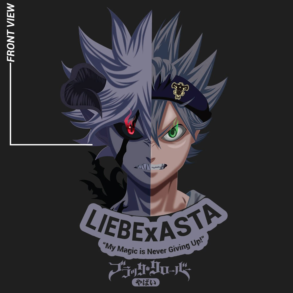 Liebe 與 Asta 半臉融合圖像 壁紙 — 一個分裂面孔的動漫角色，灰色頭髮，一側是惡魔般的紅眼，另一側是英雄般的綠眼，背景黑暗。