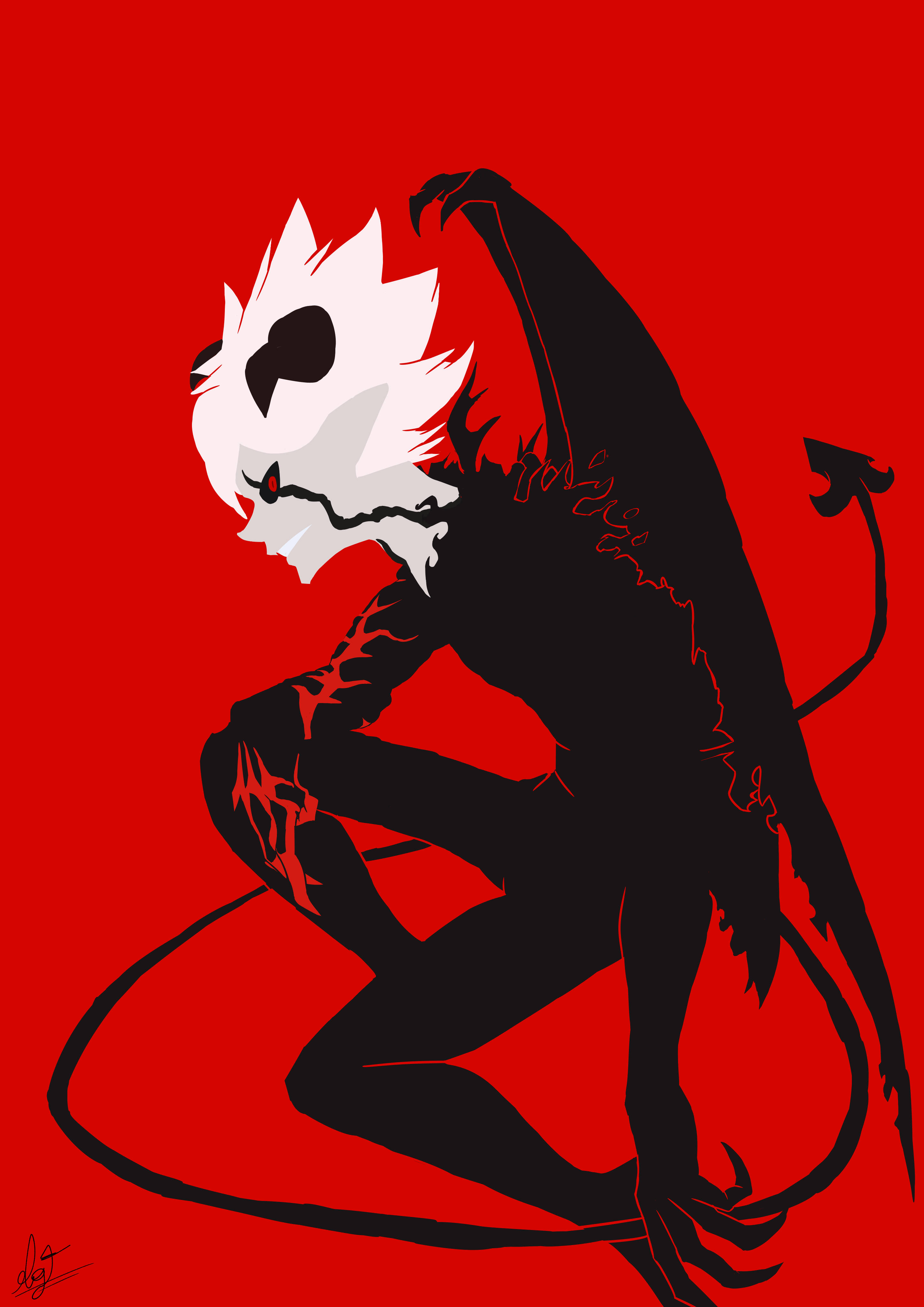 Liebe 黑色魔物 向量藝術 壁紙 — 一個風格化的黑色魔鬼，白色尖刺頭髮和紅色眼睛，蹲在鮮紅色的背景前。