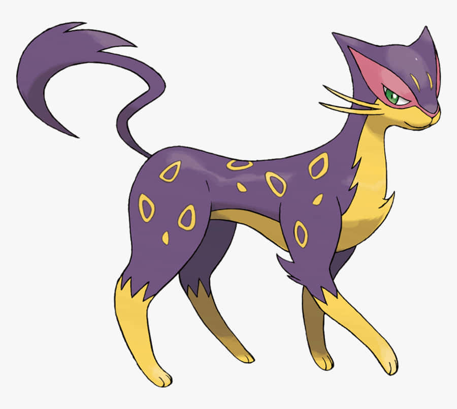 行走的Liepard 壁紙 — 一隻光滑的紫色和黃色貓狀寶可夢，有綠色眼睛和黃色斑點，站在素色背景前。