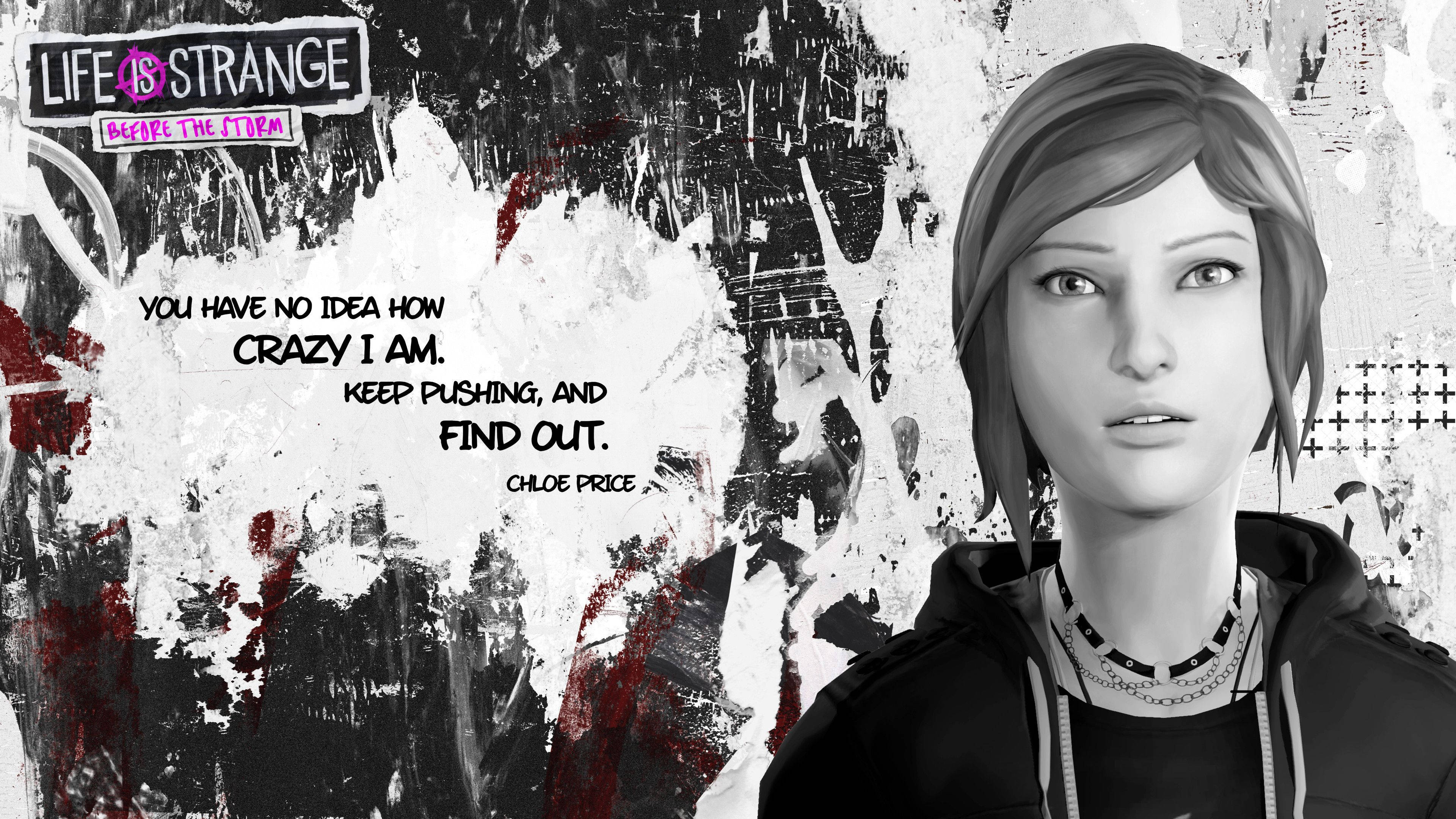 Life Is Strange：Chloe Price 介紹圖 壁紙 — 《奇異人生》中的克洛伊·普萊斯（Chloe Price）對著一面粗糙的黑白紅濺色牆壁，帶著她的標誌性語錄，凝視著。
