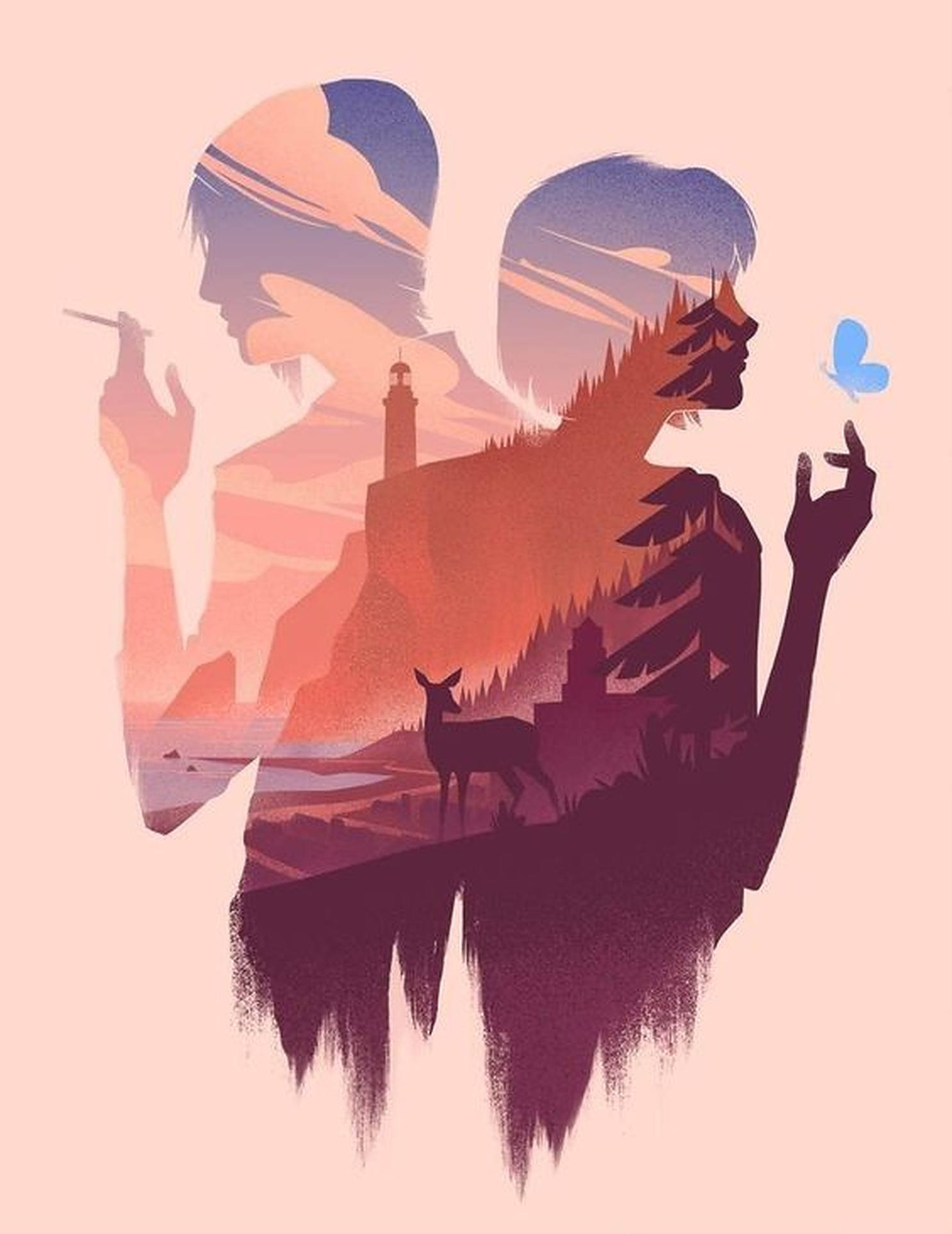 Life Is Strange 愛情藝術 壁紙 — 兩個剪影人物與海岸景觀和森林場景重疊，一人手持香煙，另一人手持蝴蝶，以溫暖的日落色調呈現。