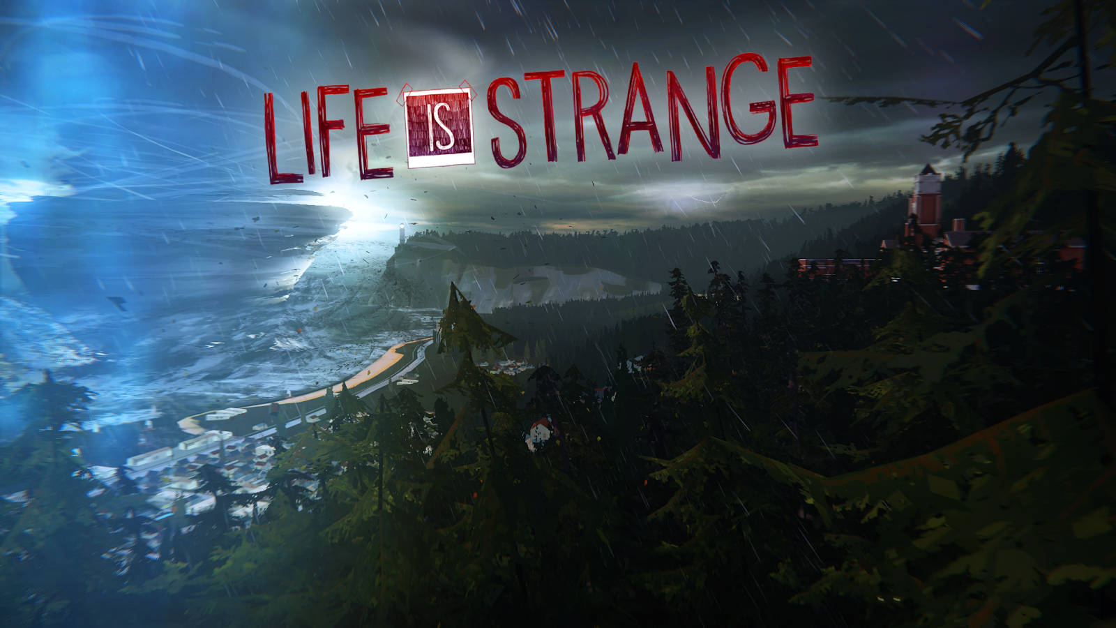 黃昏時分雨中山區森林上方的 Life is Strange 遊戲標題。