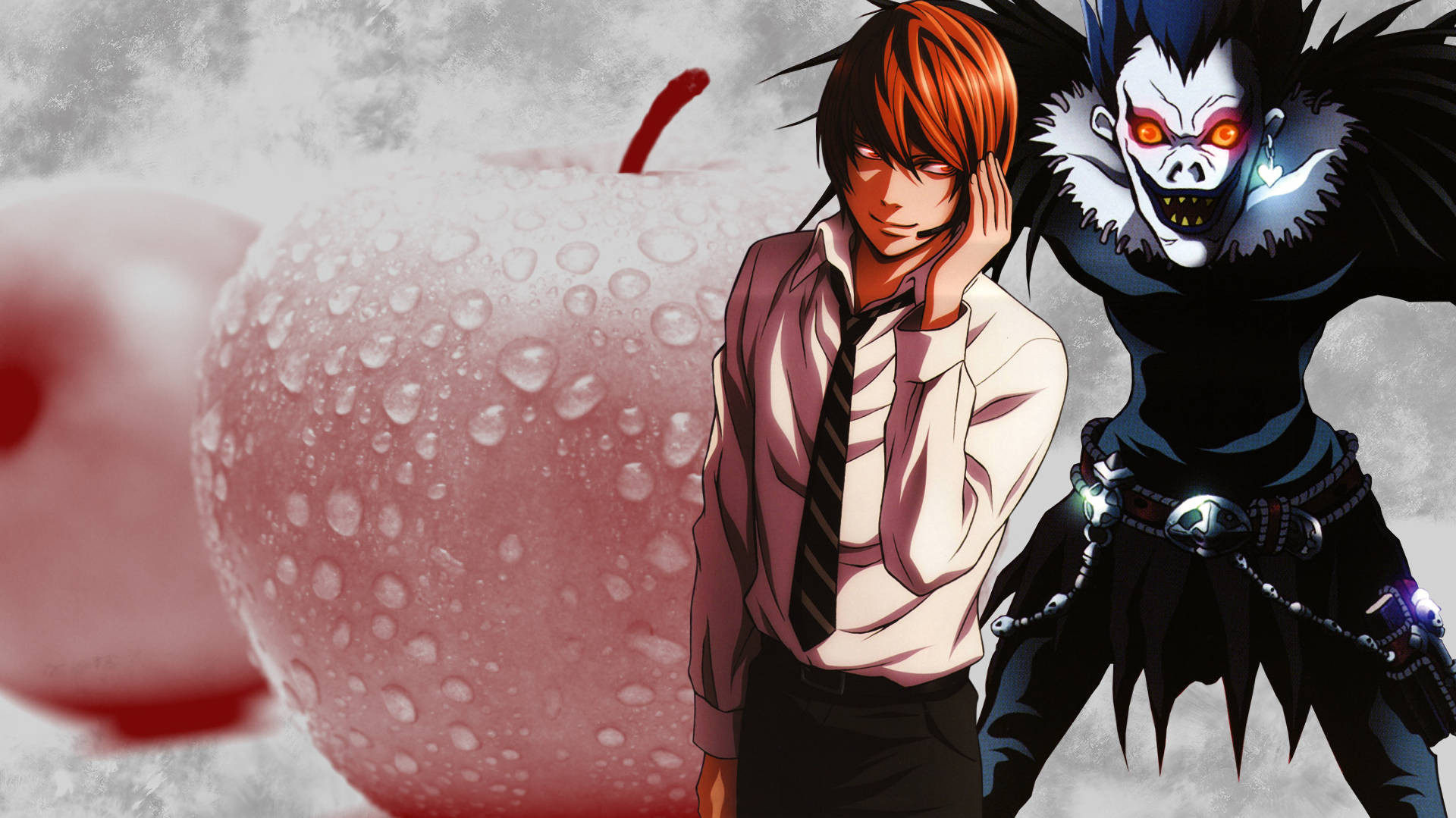 威脅性的 Light Yagami 與 Ryuk 壁紙 — 一個穿著校服的年輕男子站在一個眼睛發光的骷髏形象旁邊，兩者都被一個巨大的、覆蓋著露水的紅蘋果框住。