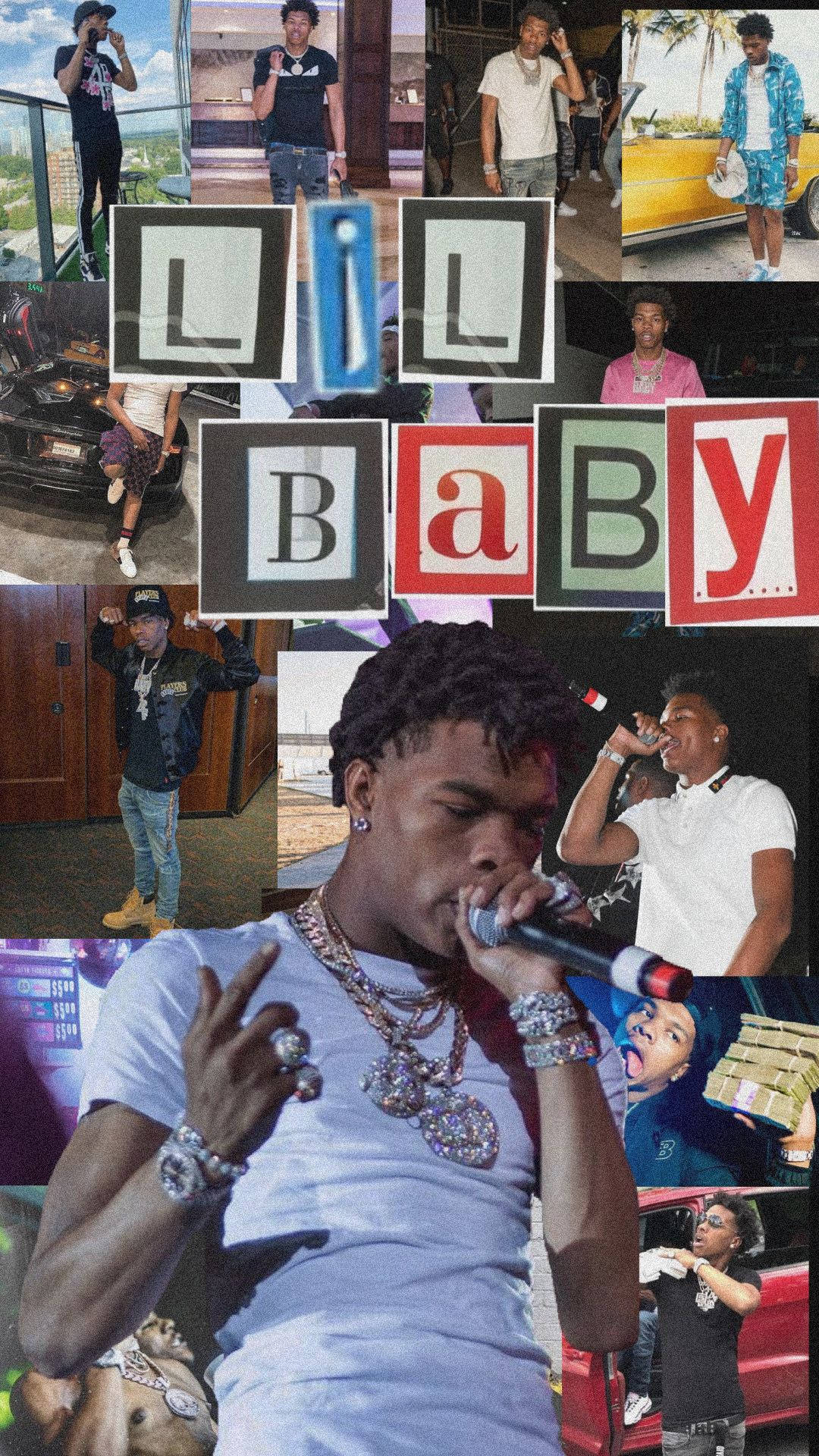 饒舌歌手Lil Baby不同服裝和姿勢的拼貼，他的名字以彩色字母顯示。 — 細路仔 GIF 壁紙
