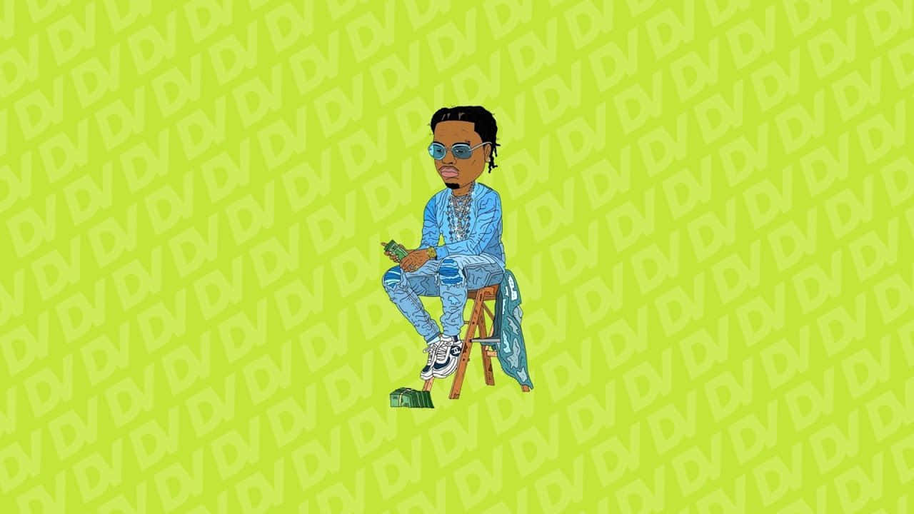 卡通男人穿著藍色衣服，在綠色D圖案背景的凳子上拿著錢。
