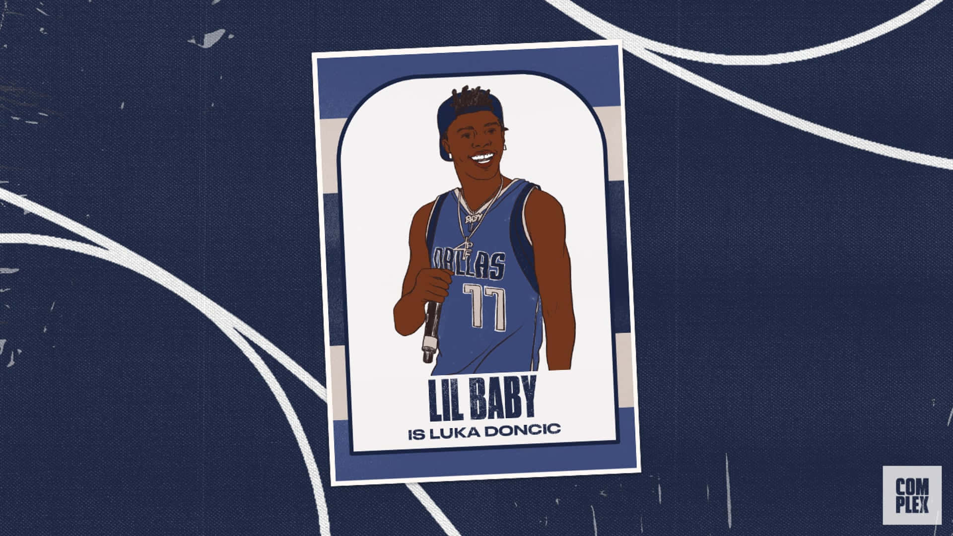 Luka Doncic 身穿達拉斯獨行俠球衣，在籃球場背景下拿著咪高峰，附有文字 'Lil Baby is Luka Doncic'。