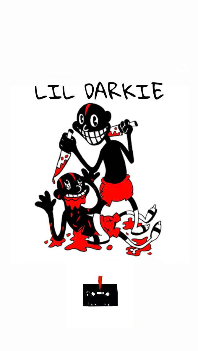 Lil Darkie - 與嘻哈文化碰撞的前衛藝術表達 壁紙 — 兩個卡通風格黑色人物帶有紅色點綴和血跡，手持刀具站在卡式錄音帶上方。