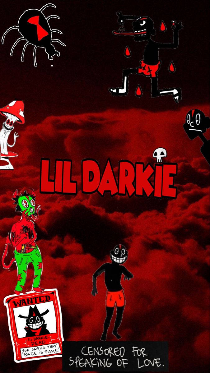 暗紅色天空中的卡通角色，帶有「Lil Darkie」文字和一張通緝海報。