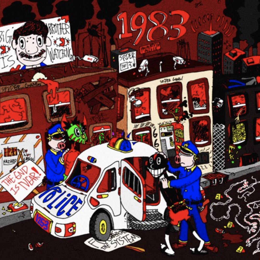 Lil Darkie《1983》歌曲海報 壁紙 — 1983年混亂的城市街景，卡通警察在塗鴉和犯罪標誌中逮捕一個微笑的黑人人物。