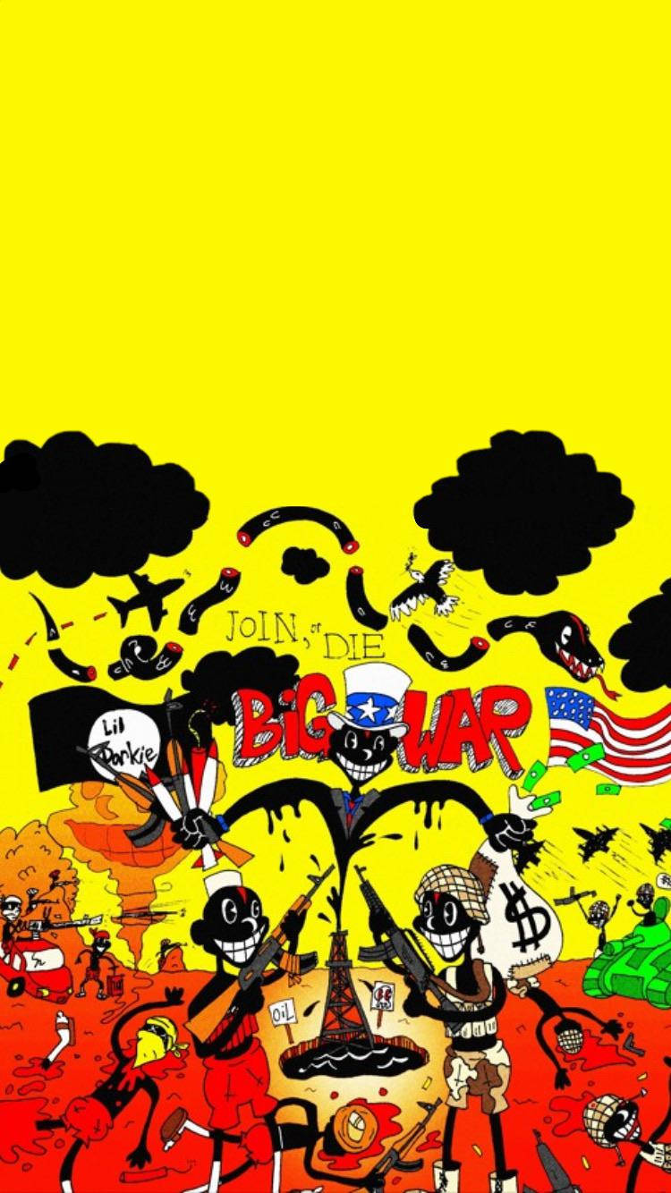 卡通士兵手持槍支和旗幟，在黃色背景的混亂戰爭場景中。