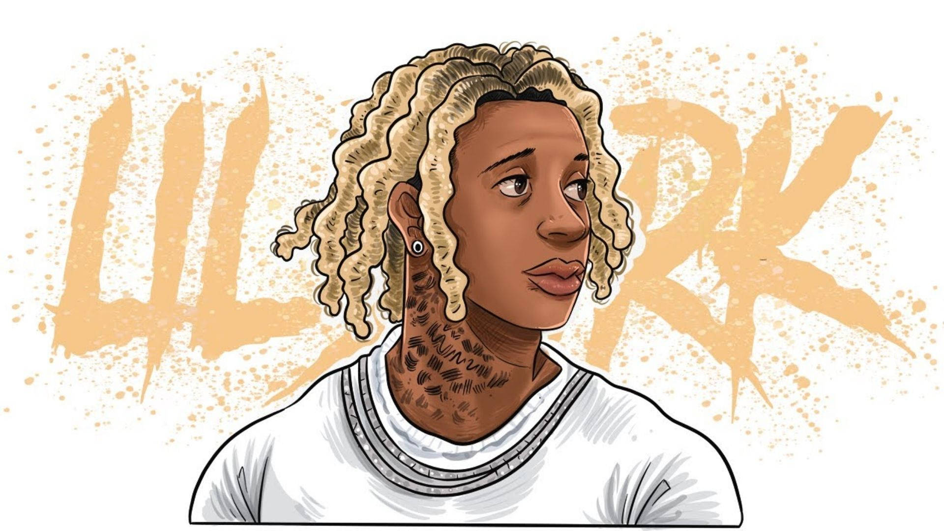 Lil Durk 創意圖像藝術 壁紙 — 一個人的風格化插圖，擁有捲曲金髮和頸部紋身，背景為橙色潑濺效果，帶有粗體字樣。