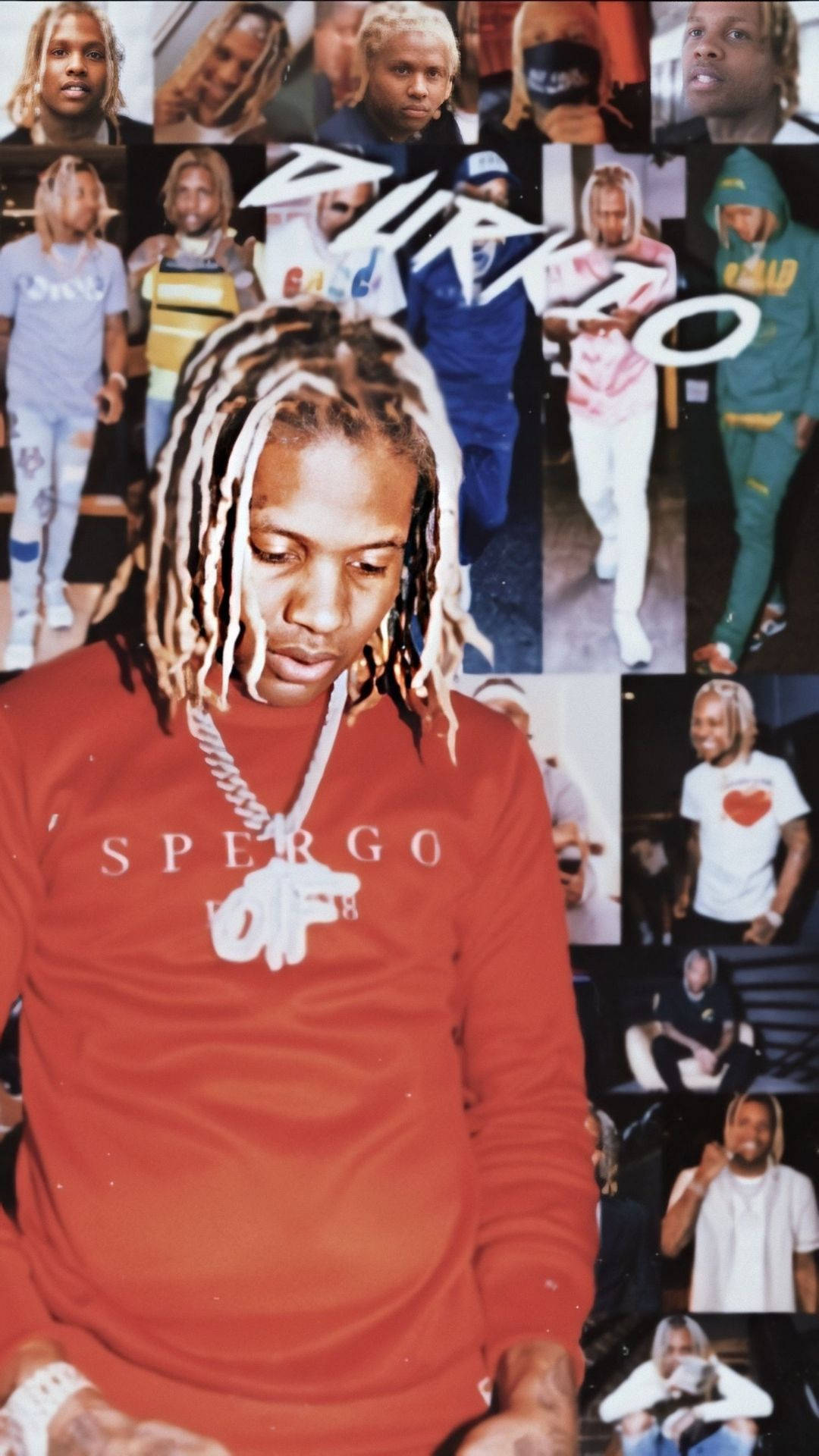 Lil Durk 拼貼圖 壁紙 — 一名帶有白色尖端辮子、身穿紅色Spergo襯衫的男子，低頭看著自己照片的拼貼畫。