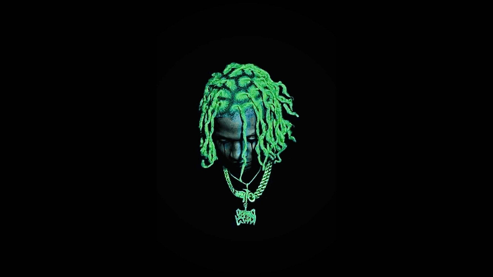 Lil Durk 搭配霓虹綠髮色 壁紙 — 一個發光的綠色辮子頭，戴著鏈條項鍊，背景為黑色。